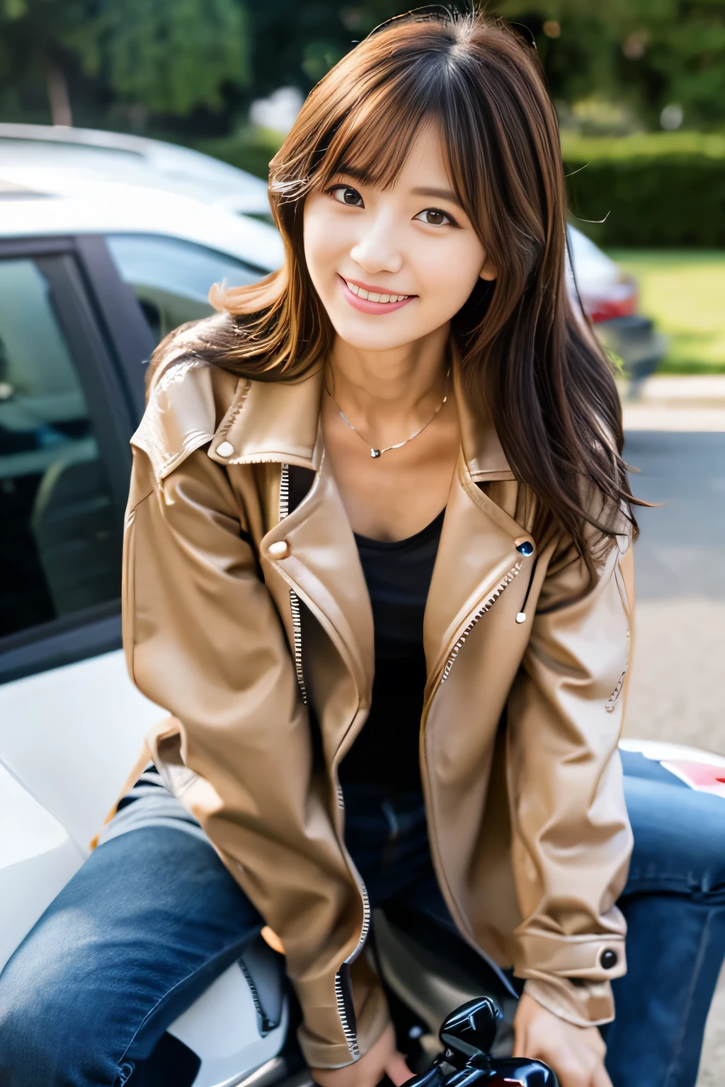 masterpiece, highest quality, Photoreal, Super detailed, finely, High resolution, 8k wallpaper, Professional, Advanced level of detail, ((Slender Japanese woman sitting on a large motorcycle:1.2)), detailed clavicle, Medium chest、(perfect beautiful face:1.5), Front facing、((wearing a motorcycle jacket:1.5)), (chestnut hair、1.8)、cute face、(gentle smile:1.5)、(full body shot:1.5)、(brown skin:1.5)