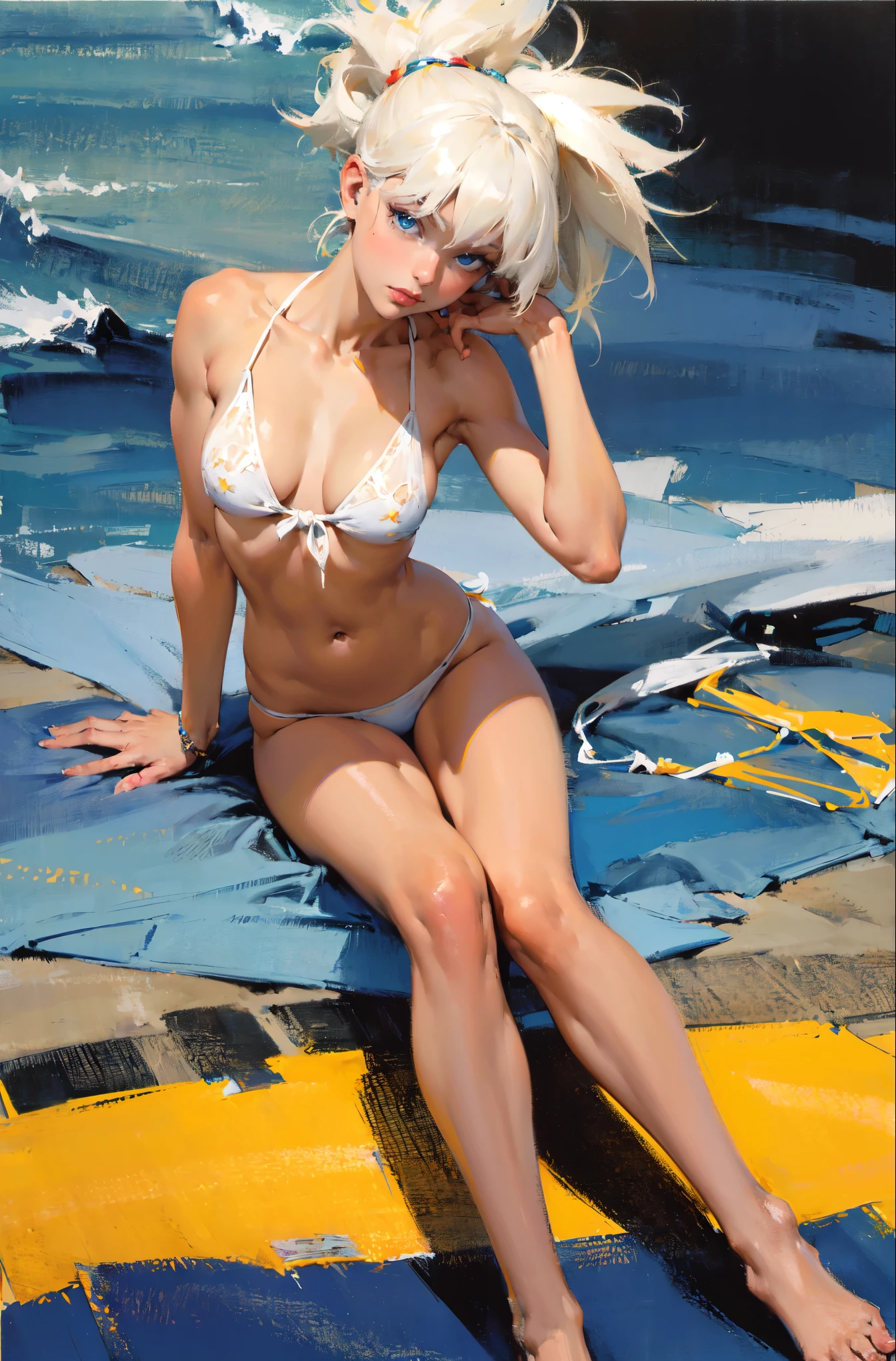 ((masterpiece,best quality,8k,highres)),((character concept art)), 1 female, ager female, Swedish bimbo, (tied back platinum blonde hair), platinum blonde hair, (sunbath tan skin colour), ultra finely detailed eyes (blue eyes colour), glamorous, sexy, sophisticated, perfect body build ((slim)), ((intricate detail)), super finely detailed hands, ultra finely detailed fingers(((ten fingers))), wearing blue mini slingshot bikini, (laying on the beach for sunbath), wearing sunglasses, location Mykonos, (full body showcase), (show full body), (no logos on background), (no logo), ((plain background)), ((plain background)), (((empty background)))