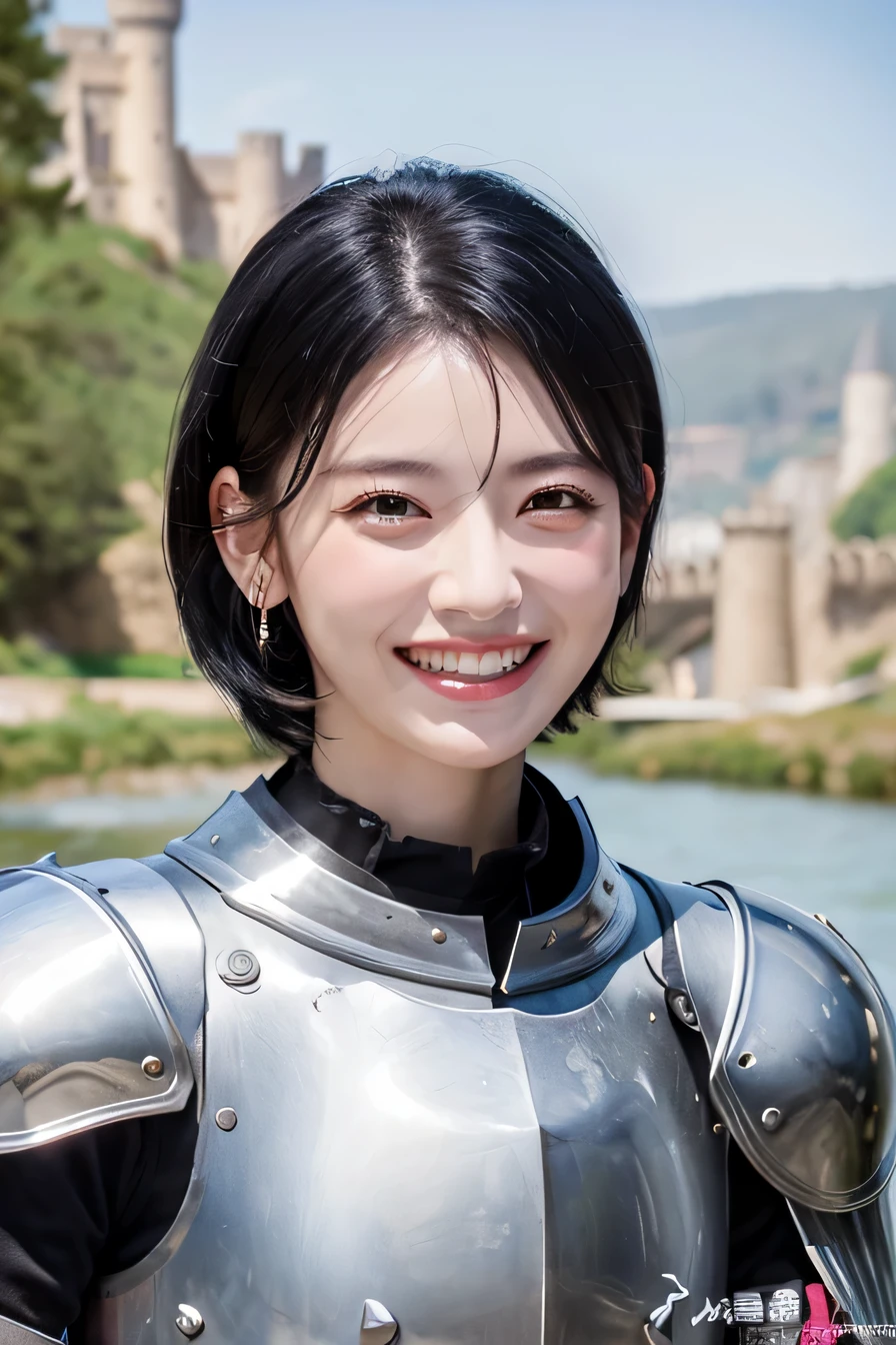 8K、highest quality、female knight、The background is a castle、luxurious silver armor、heavy equipment、black hair、hairstyle short cut、smile、beautiful teeth、full body photo、ear piercing