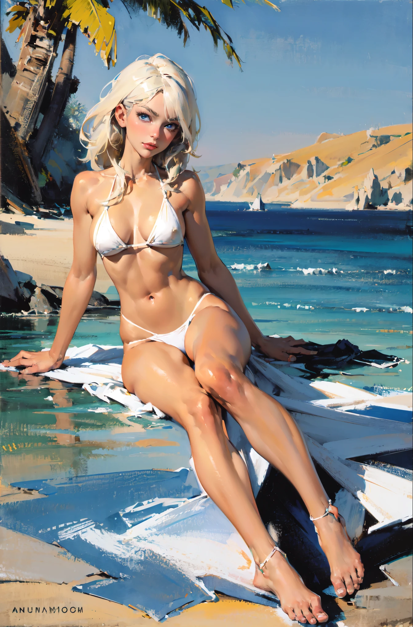 ((masterpiece,best quality,8k,highres)),((character concept art)), 1 female, ager female, Swedish bimbo, (tied back platinum blonde hair), platinum blonde hair, (sunbath tan skin colour), ultra finely detailed eyes (blue eyes colour), glamorous, sexy, sophisticated, perfect body build ((slim)), ((intricate detail)), super finely detailed hands, ultra finely detailed fingers(((ten fingers))), wearing blue mini slingshot bikini, (laying on the beach for sunbath), wearing sunglasses, location Mykonos, (full body showcase), (show full body), (no logos on background), (no logo), ((plain background)), ((plain background)), (((empty background)))