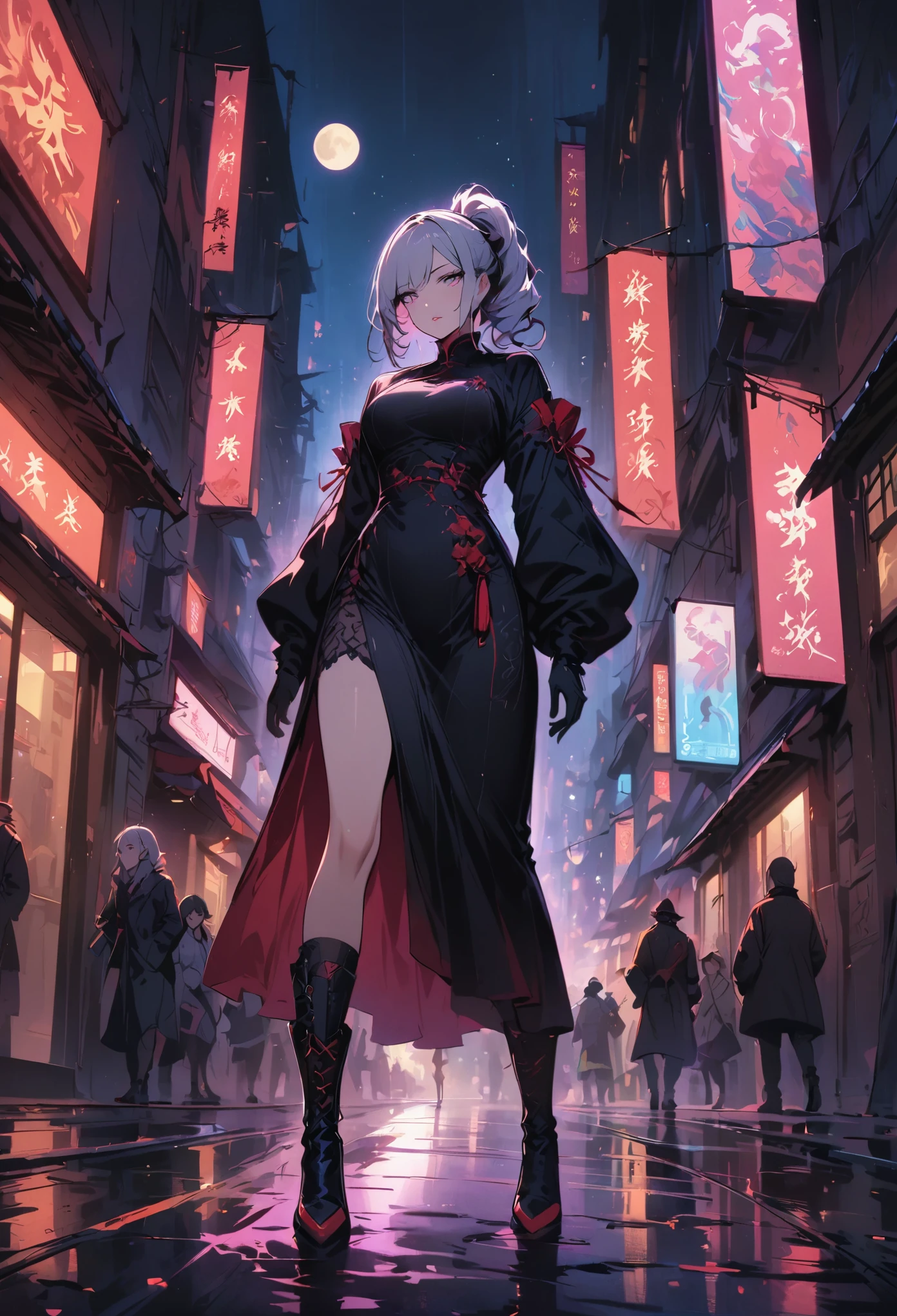 masterpiece, the best, night, full moon, 1 female, mature woman, Chinese style, China, Sister, Royal sister, cold face, Poker face, woman with long silver hair, light pink lips, calm, intellectuals, Three bangs, gray pupil, assassin, long sword, swordsman, struggle, street view, facial details,