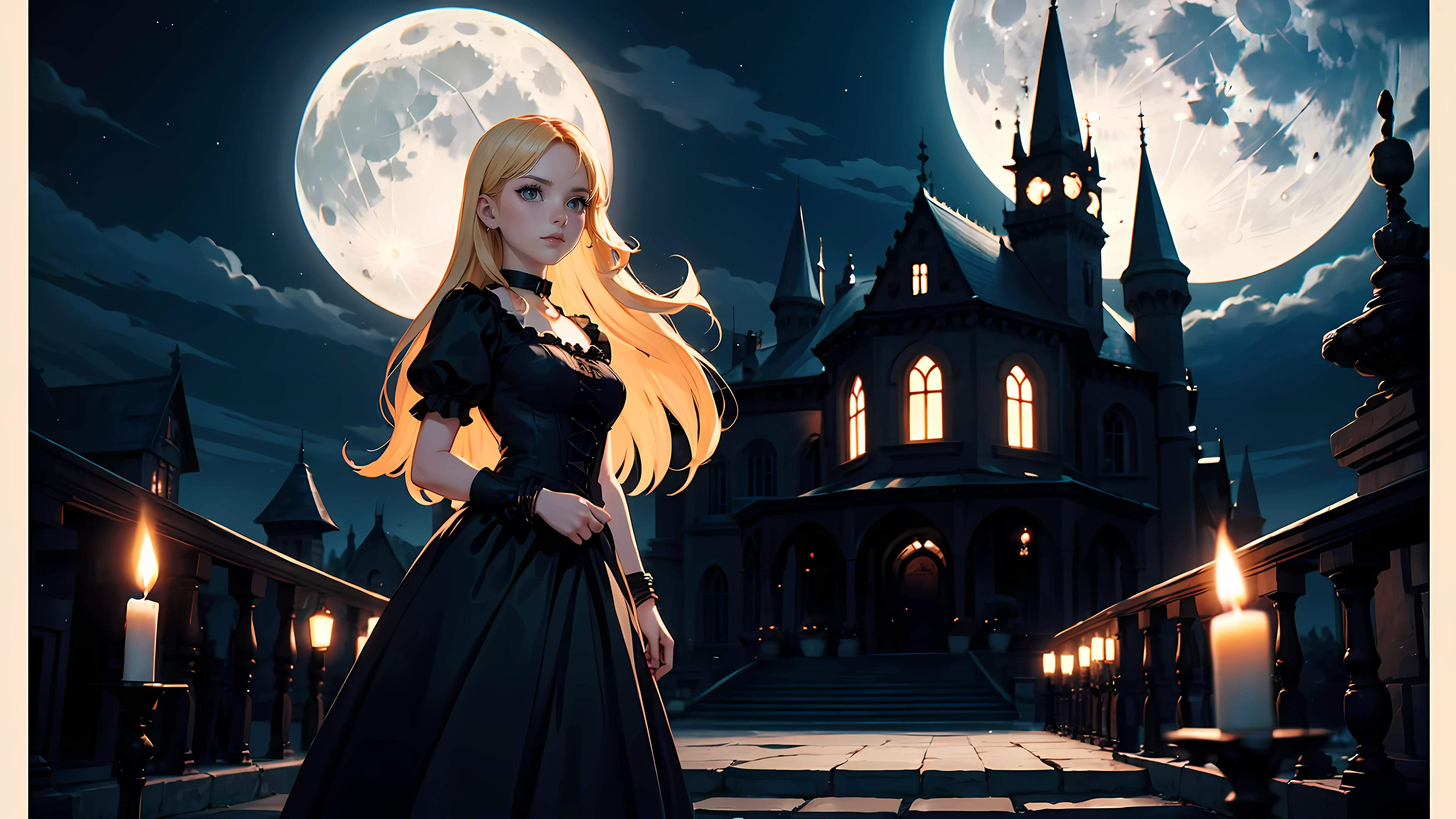 ((1girl)), long blonde hair, choker collar, bracelets, Victorian style long black dress, standing, dramatic pose, cowboy shot, gothic castle, night, nighttime, one moon, moonlight, candles, candlelight, dramatic lighting, cinematic lighting,