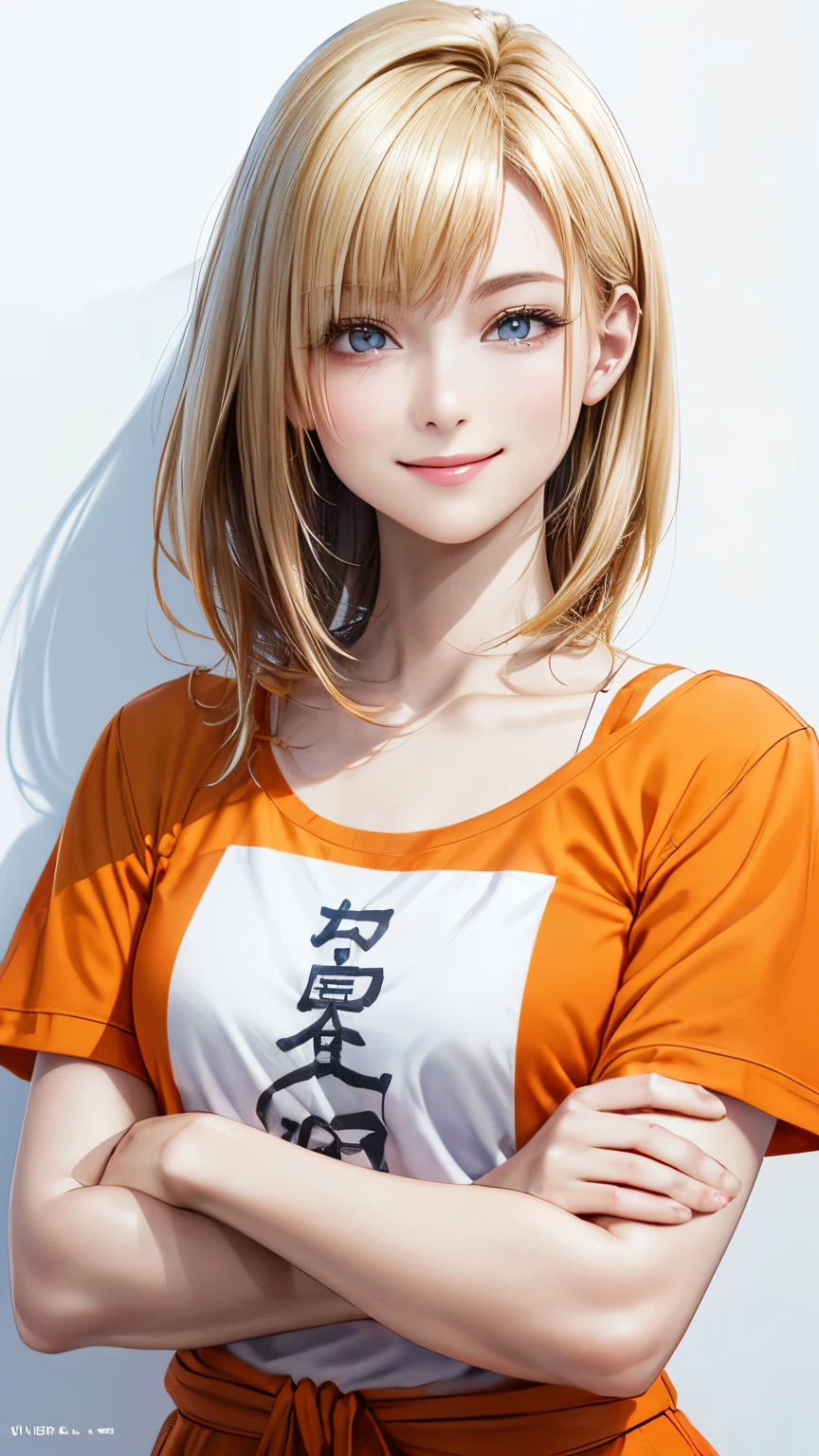 (highest quality、8K、32k、masterpiece)、(realistic)、(Photoreal:1.2)、(High resolution)、Super detailed、very beautiful face and eyes、1 girl、round and small face、thin waist、delicate body、(highest quality、high detail、Rich skin details)、(realistic、realistic:1.37)、bright colors、(((blonde)))、(((full body shot)))、(((medium hair)))、(((It&#39;s a stylish hairstyle)))、(((pure white wall background)))、(((pure white wall background)))、(((I&#39;m smiling)))、(((wearing an orange T-shirt)))、(((English characters are written on the front of the T-shirt)))、(((Arms crossed in front of the chest)))、(((I'm winking)))