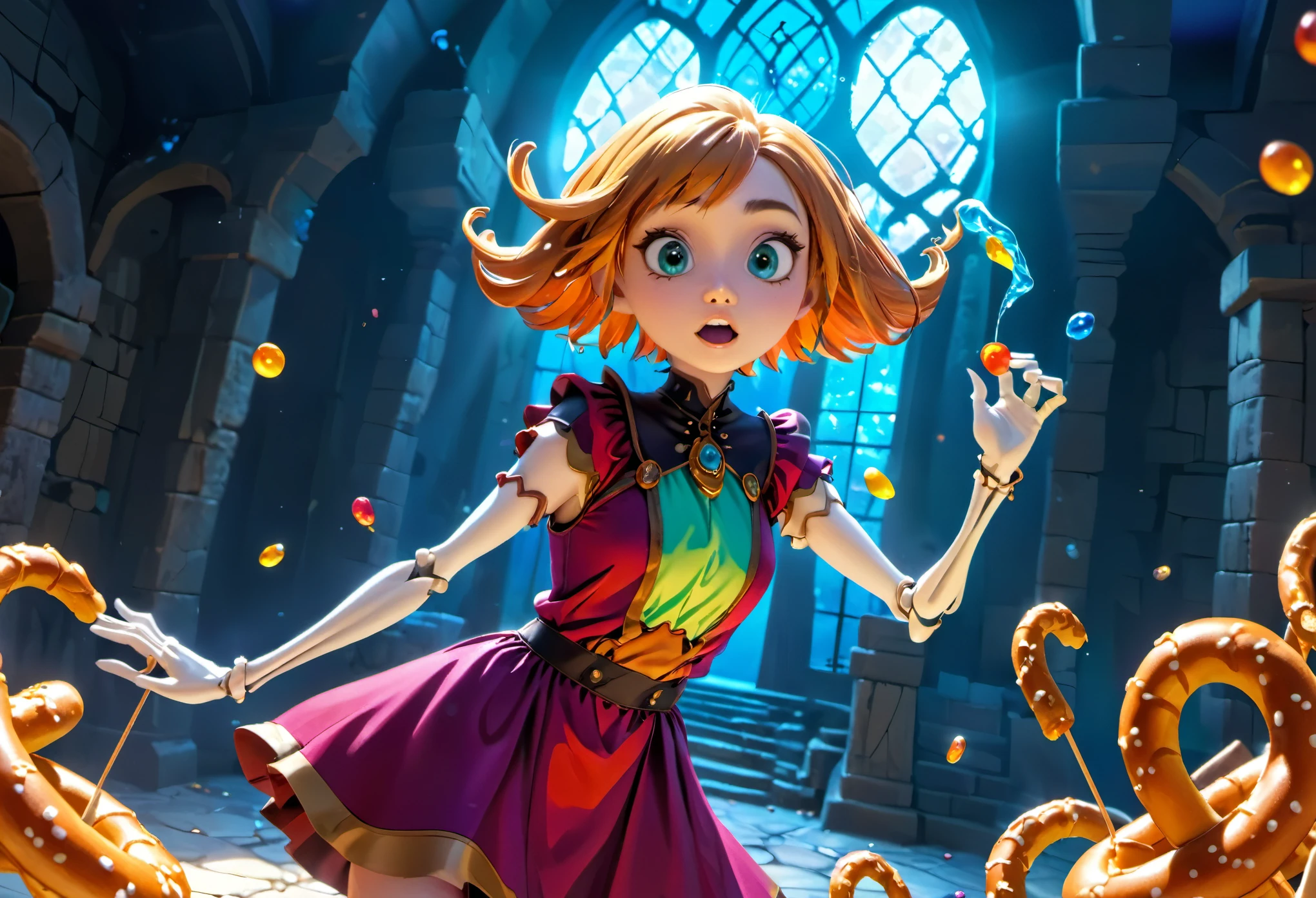 female Gummy adventurers,rock candy dungeon,dreaded skeletal mage made of pretzels,high fantasy,food dreaming,(best quality,4k,8k,highres,masterpiece:1.2),ultra-detailed,(realistic,photorealistic,photo-realistic:1.37),vivid colors,portraits,HDR,sharp focus,physically-based rendering,extreme detail description,professional,studio lighting,colorful,surreal lighting,dynamic composition,unexpected twist,magic essence