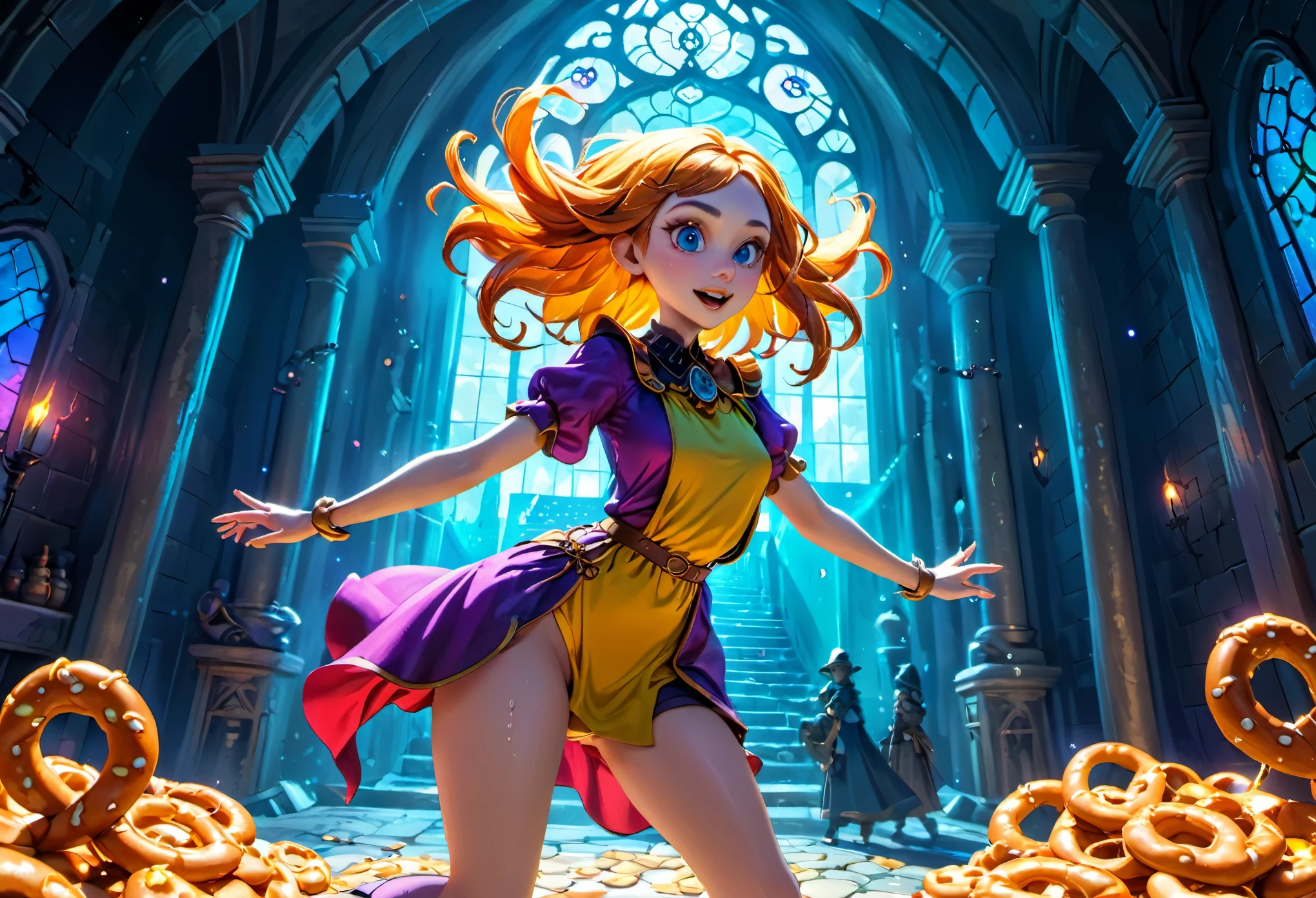 female Gummy adventurers,rock candy dungeon,dreaded skeletal mage made of pretzels,high fantasy,food dreaming,(best quality,4k,8k,highres,masterpiece:1.2),ultra-detailed,(realistic,photorealistic,photo-realistic:1.37),vivid colors,portraits,HDR,sharp focus,physically-based rendering,extreme detail description,professional,studio lighting,colorful,surreal lighting,dynamic composition,unexpected twist,magic essence