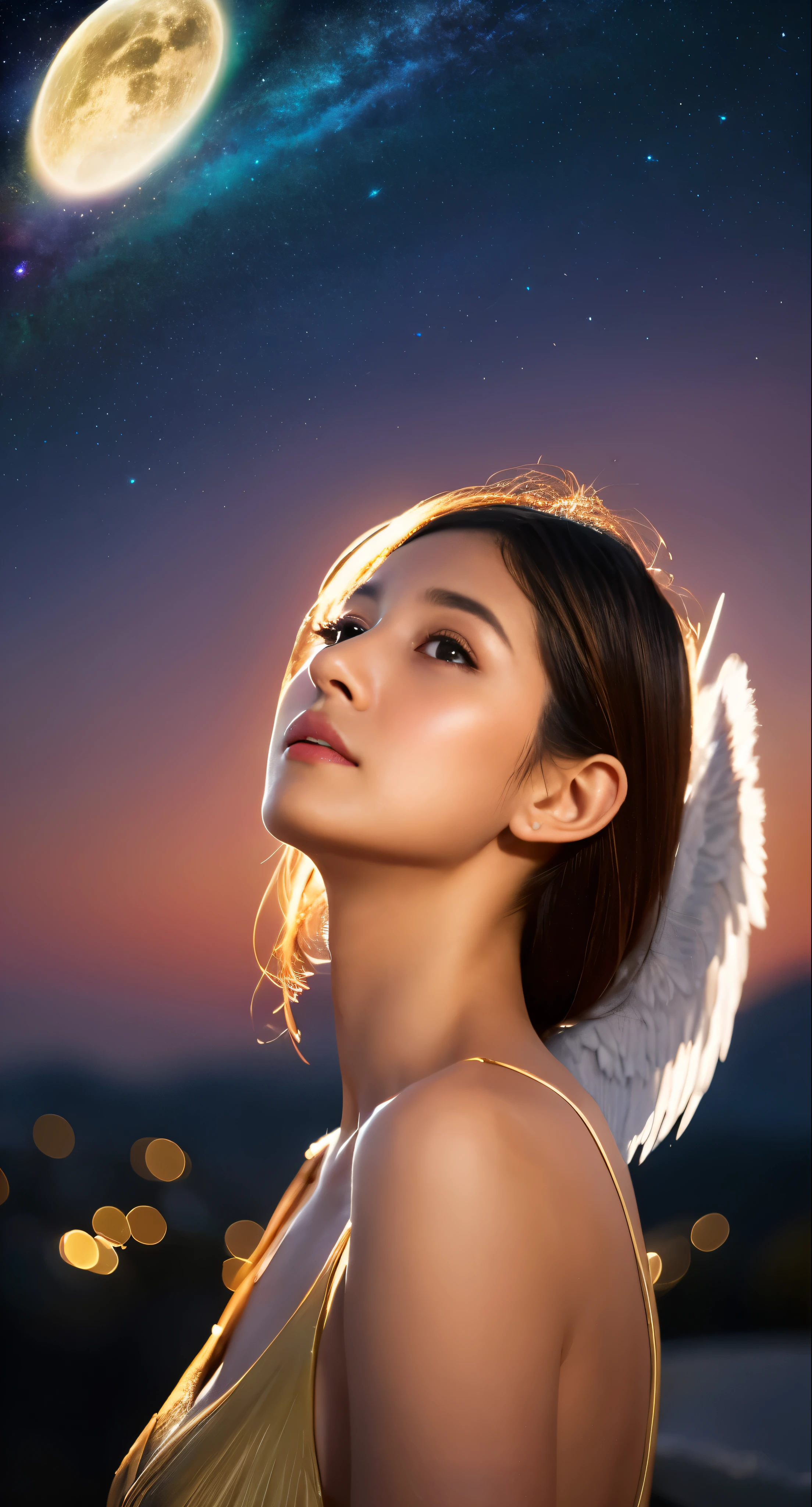 The mysterious figure of an angel、It emitted a mesmerizing glow against the backdrop of the twilight sky.。wings spread wide、glittering gold、created a fascinating scene。Celestial bodies are sculpted with perfect anatomy、Expressing the beauty of shape and light。Her eyes had a gentle expression full of warmth and wisdom.。A soft blush color adorns your cheeks.、It added a gentleness to his otherworldly appearance.。The scene is、A perfect expression of elegance and tranquility、It was a calm moment in the vast sky.。