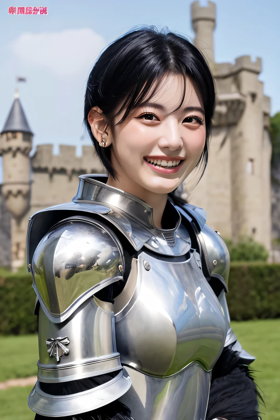 ８Ｋ、highest quality、female knight、The background is a castle、luxurious silver armor、heavy equipment、black hair、hairstyle short cut、smile、beautiful teeth、full body photo、ear piercing