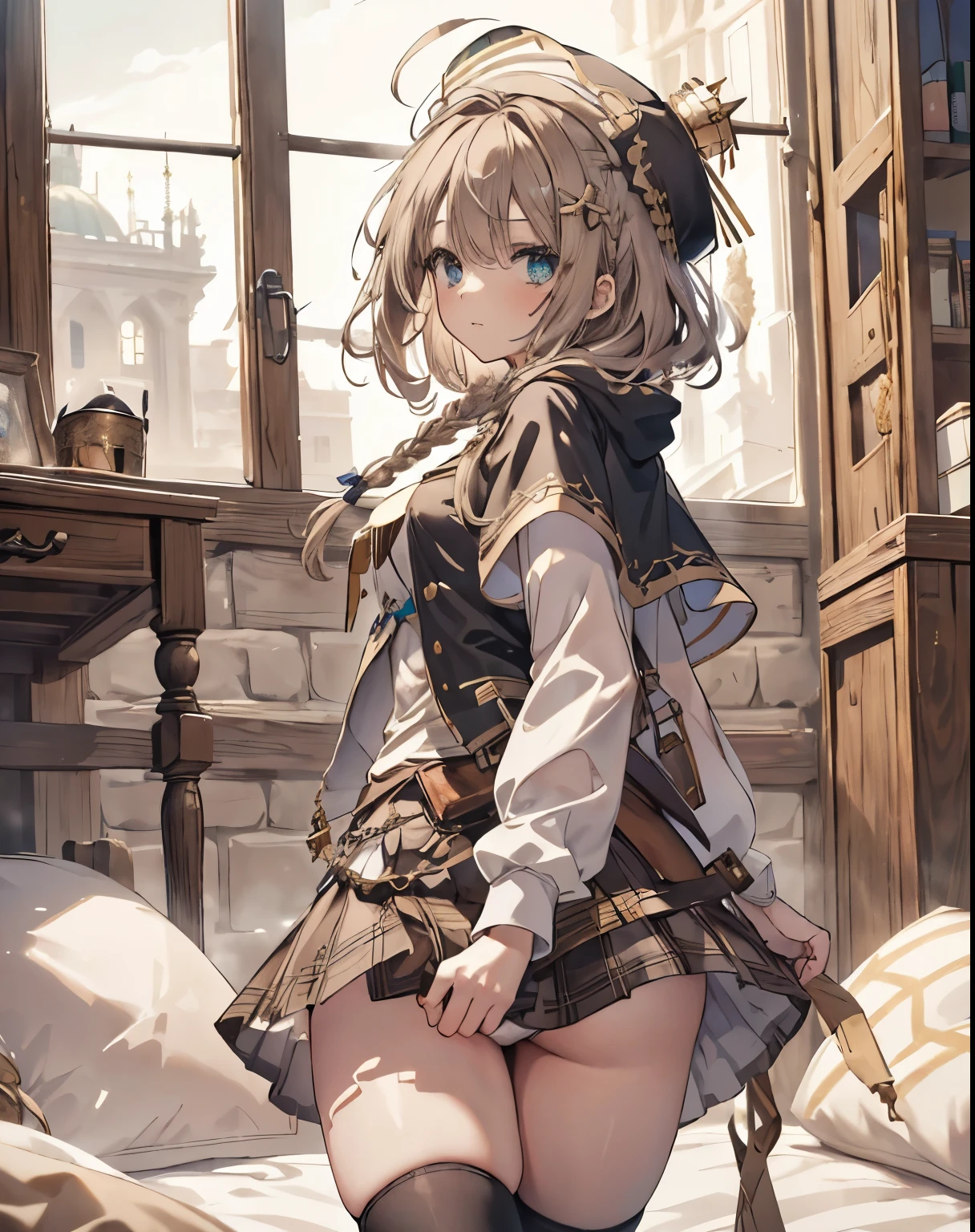 masterpiece, 1girl, sparrow, a brown haired girl, wearing a white medieval priestess clothes, curly medium hair, messy hair, slim body, wearing golden capelet with hoody, he close her left eye, shirt ornament, aqua eyes, sho show her back, ahoge, black vest, baby face, big breast, beautiful breasts, rounded breasts, braid hair, mitre cap, long sleeves, beautiful eyes, white stocking, droopy eyes, miniskirt, brown skirt, plaid skirt, she is piss on the bed, she expose her pantsu, her age is 19 years old, mitre