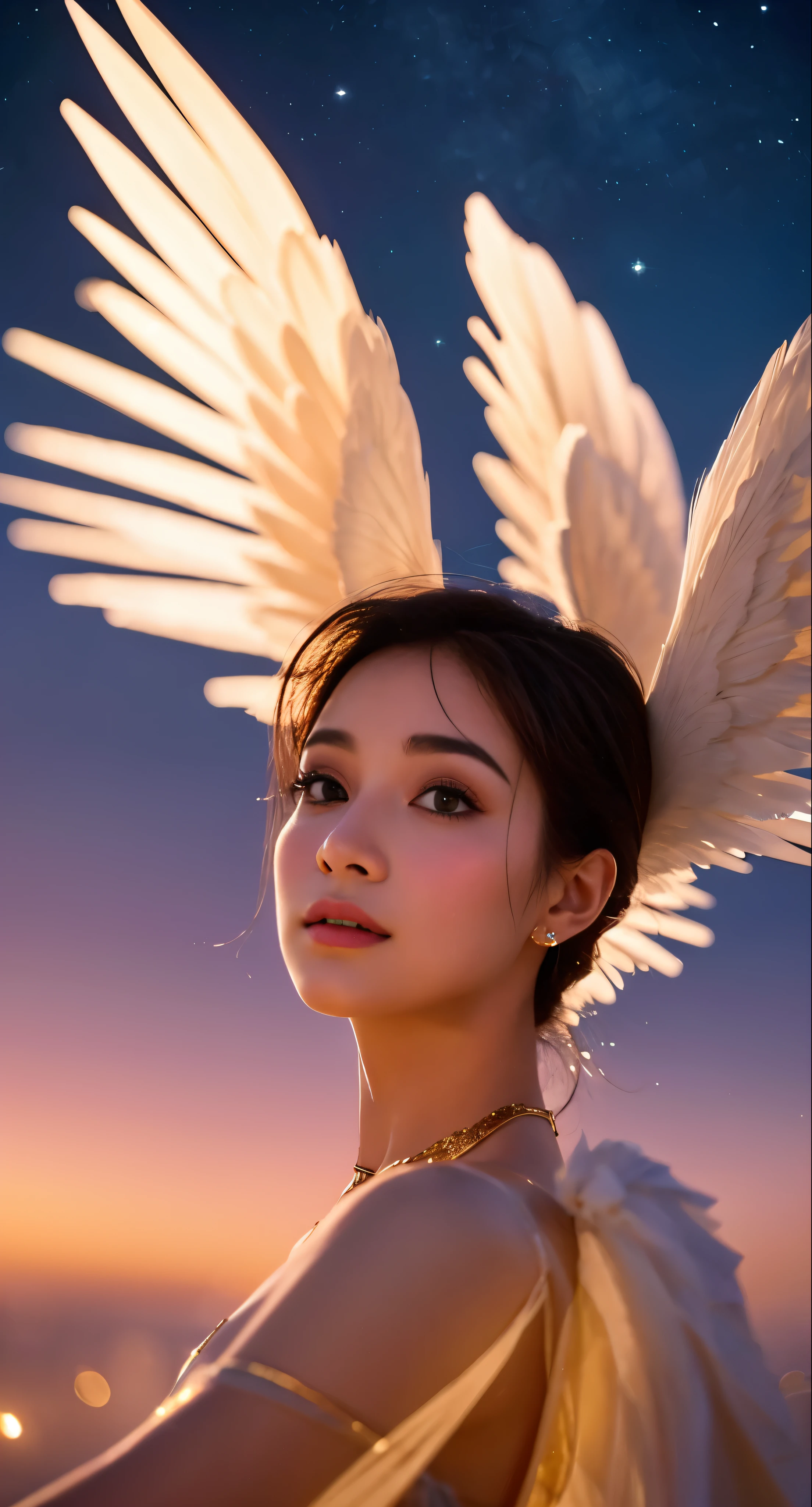 The mysterious figure of an angel、It emitted a mesmerizing glow against the backdrop of the twilight sky.。wings spread wide、glittering gold、created a fascinating scene。Celestial bodies are sculpted with perfect anatomy、Expressing the beauty of shape and light。Her eyes had a gentle expression full of warmth and wisdom.。A soft blush color adorns your cheeks.、It added a gentleness to his otherworldly appearance.。The scene is、A perfect expression of elegance and tranquility、It was a calm moment in the vast sky.。