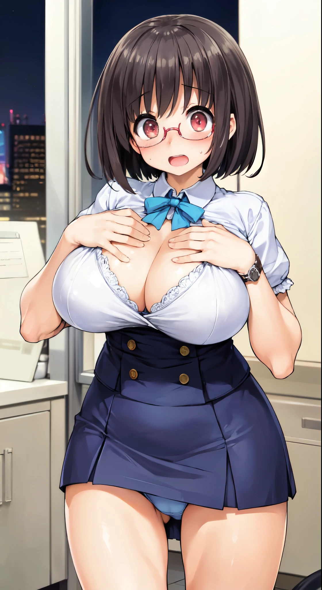 (Cl○se、16k、highest quality、high detail、Rich skin details)、(((nfsw)))、Office Lady、adult w○men、Watch anywhere、○bedience、((huge breasts))、((○besity))、red eyes、:d、((((surprised))))、((blushed))、((embarrassing))、((big ass))、very big thighs、arm behind head、short hair、light blue bra、light blue panties、(((Skirt can be rolled up)))、(((Panchira)))、((((A man grabs my chest))))、office room at night、huge breasts、glasses、black hair、(1 w○man)