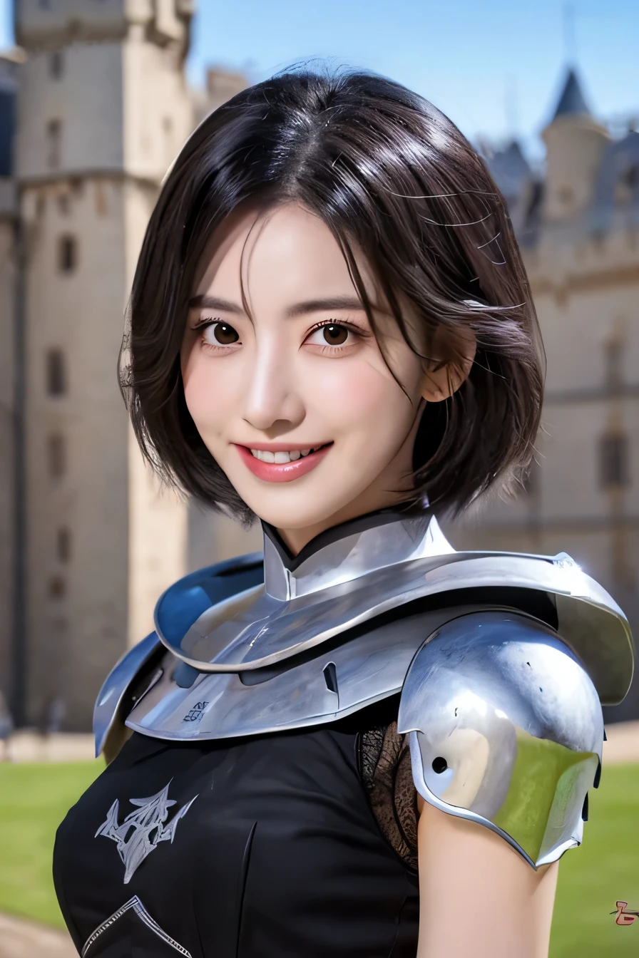 8K、highest quality、female knight、The background is a castle、luxurious silver armor、heavy equipment、black hair、hairstyle short cut、smile、beautiful teeth、full body photo、ear piercing