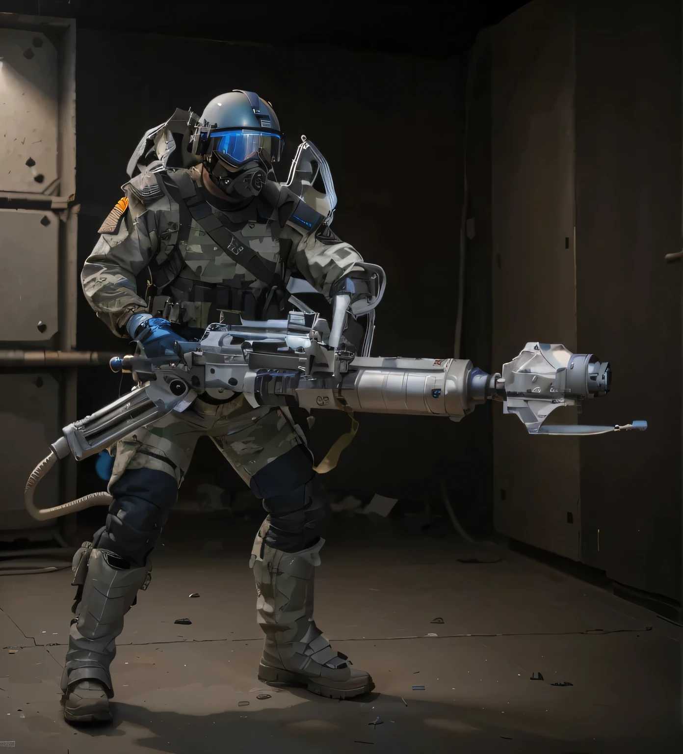 male soldier, white camouflage military uniform with blue details, advanced aviator helmet with blue glass visor and tactical gasmask with tubes, white military pants, white gloves, metal shoulder pads, metal armbands, metal knee pads, metal reinforced military boots, metal bulletproof advanced armor, tubes and cables, futuristic silver-color heavy weapon, is in totally destroyed post-apocalyptic city, lots of smoke, tanks, dark colors, rubble, Ultra detailed, Hyper realistic, 4k, Ultra detailed image, realistic, Highly detailed, perfect composition, beautiful intricately detailed, incredibly detailed, 8K fine art photography, hyper detailed, Masterpiece