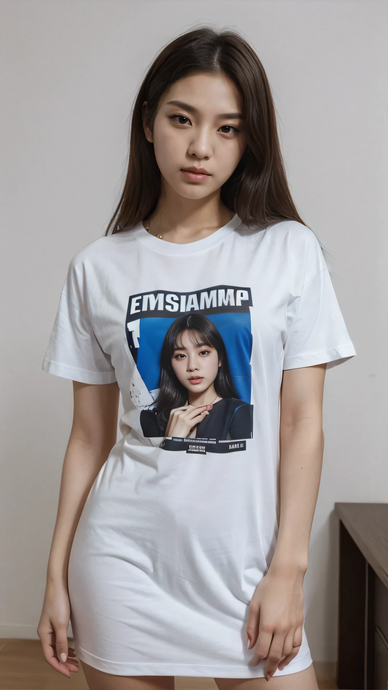 ((korean idol)) ,((beautiful face)),a close-up of a woman standing in a room with a white wall, 90s vibe, Vibe dos anos 90, estilo dos anos 90, estilo y2k, estilo y2k, estampa vintage anos 90, estampa vintage dos anos 90, graphic t-shirts, vestido com uma camiseta branca, estilo anos 8 0, 2 modelo feminino de 4 anos