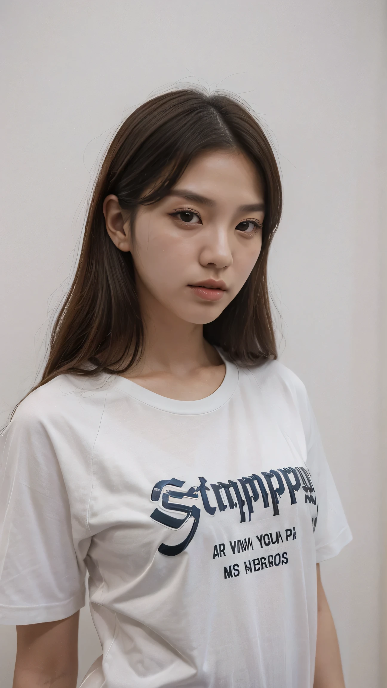 ((korean idol)) ,((beautiful face)),a close-up of a woman standing in a room with a white wall, 90s vibe, Vibe dos anos 90, estilo dos anos 90, estilo y2k, estilo y2k, estampa vintage anos 90, estampa vintage dos anos 90, graphic t-shirts, vestido com uma camiseta branca, estilo anos 8 0, 2 modelo feminino de 4 anos