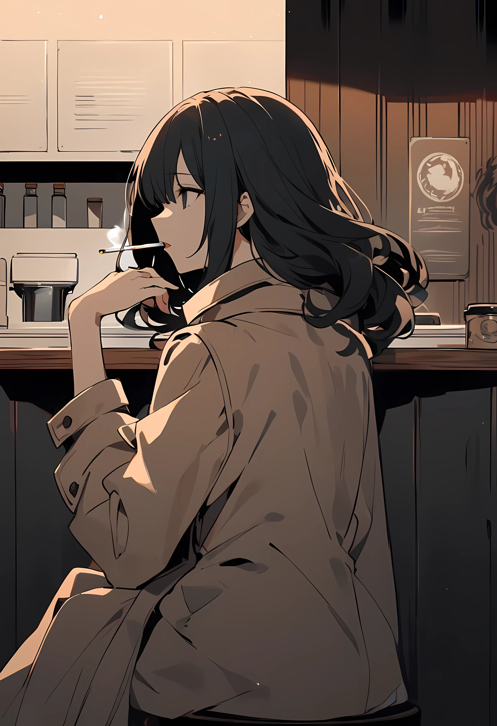 Anime woman, From back, holds a lit cigarette in her right hand, empty eyes, vacant eyes, open mouth, exhales smoke from her mouth, stared into the distance, wavy long black hair falling over her shoulders, wearing trench coat that concealed her figure, sits quietly on a stool near the dimly lit café counter, Her left hand rested on the worn, wooden countertop, melancholic atmosphere, solitary figure