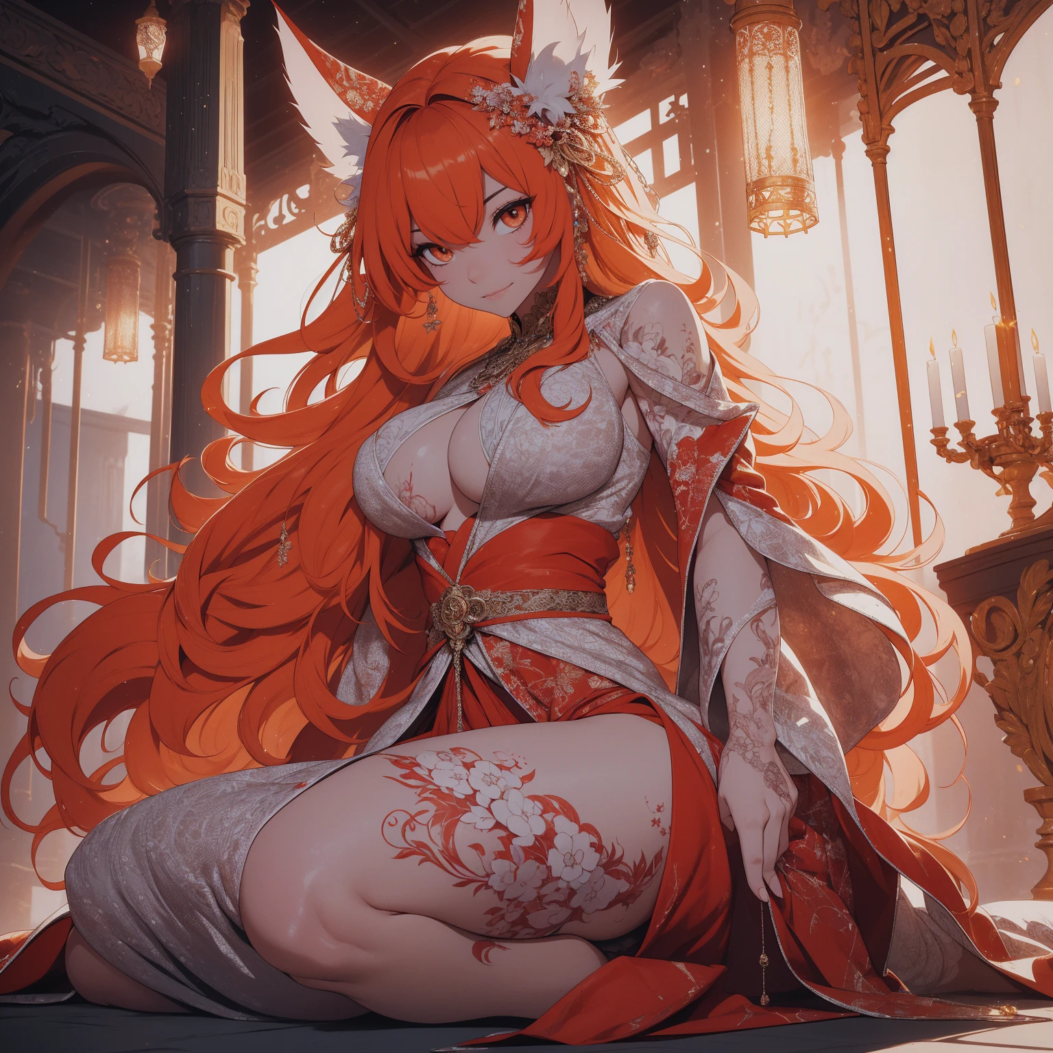 REALISTIC VISION 1.4, BETTER VAE,sharp focus, ultra detail, 32k,realistic photo, intricate details, kitsune, orange hair, oranfe eyes, intricate details ,woman, nine tails,intricate details,intricate details,big , Voluptuous body, intricate details, Miko,clothes long white dress with red details intricate details,tattoos intricate details,full body, laying on the ground