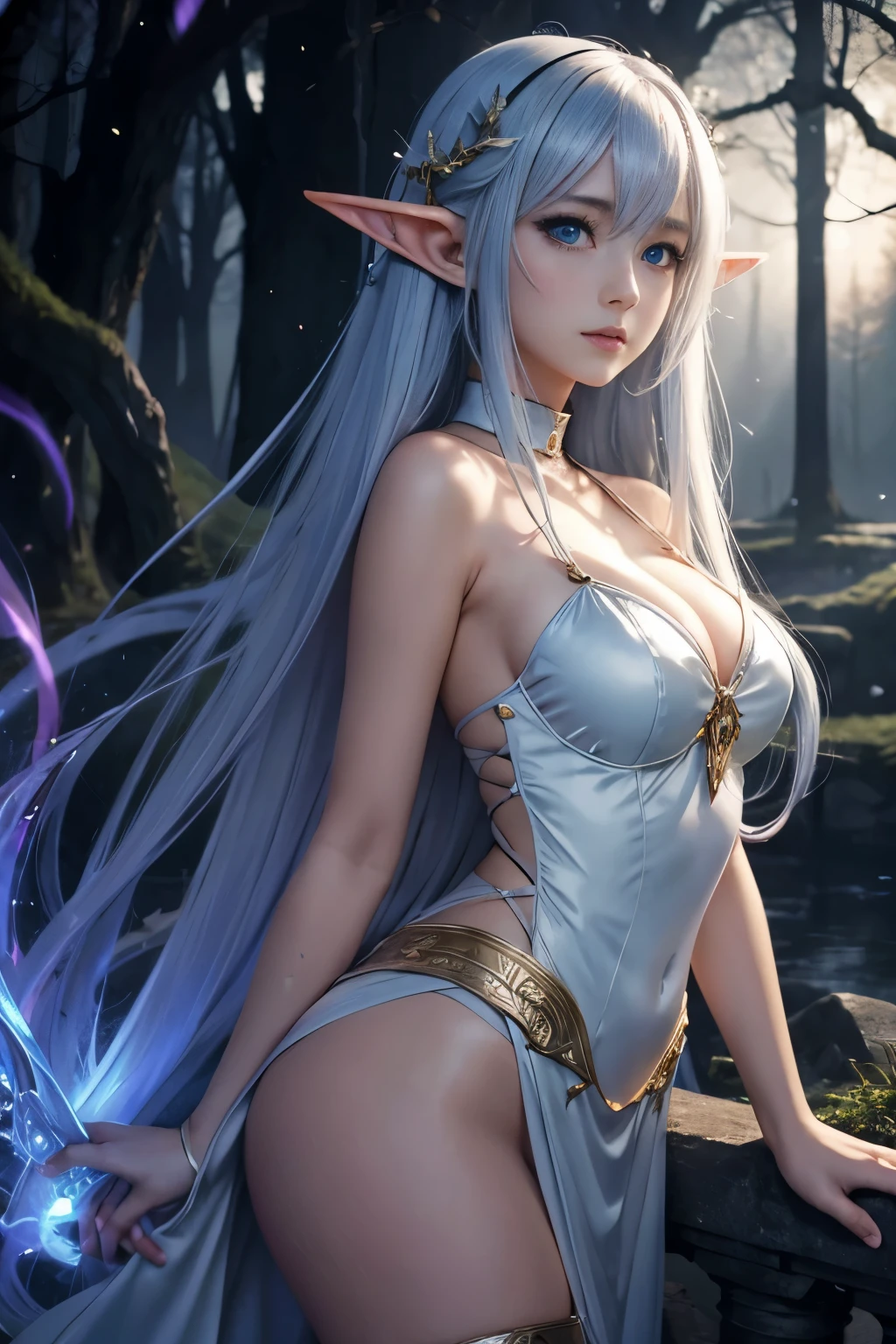 masterpiece, best quality, (Anime:1.4), pastel anime girl elf moon priest, sharp long ears, beautiful shining eyes, wet look, flickering lights, whirlwinds of steam, iridescent textures, soft light, unearthly atmosphere, fine details, magical atmosphere , dark aura, background of the ancient night elven forest, curvy shapes