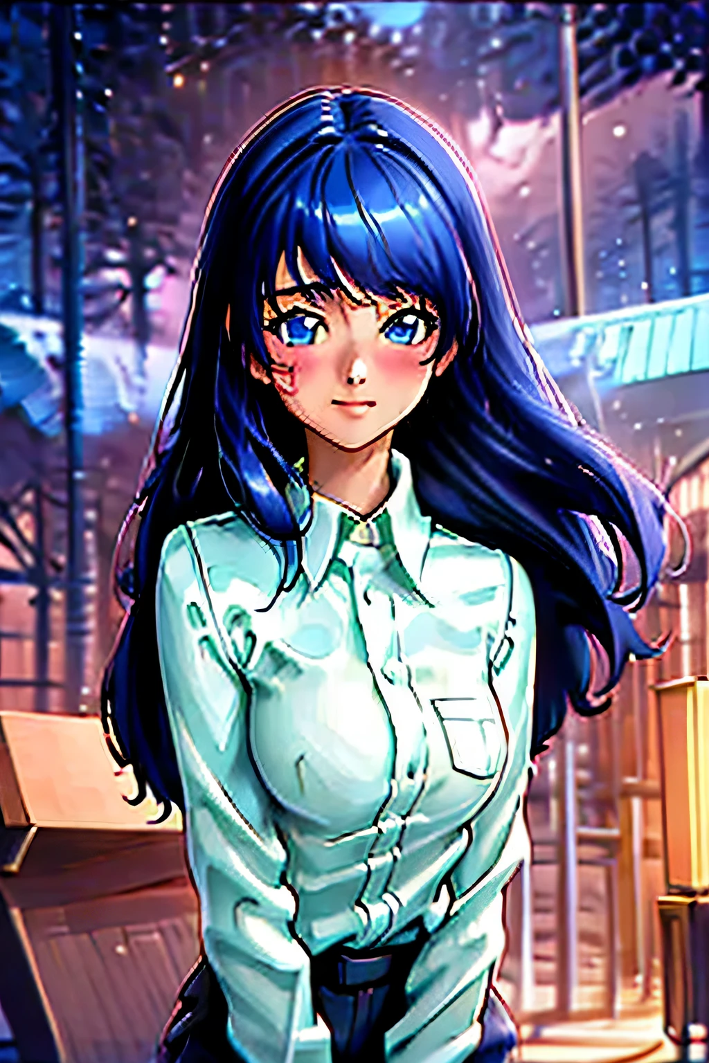 Anime girl with blue eyes and long black hair in a white shirt, detailed digital anime art, Drawn by Anime Painter., realistic anime style, portrait anime space cadet girl, гладкое аниме cg art, digital anime illustration, digital anime art, extremely detailed art germ, portrait anime girl, realistic anime style, attractive anime girl, seductive anime girl