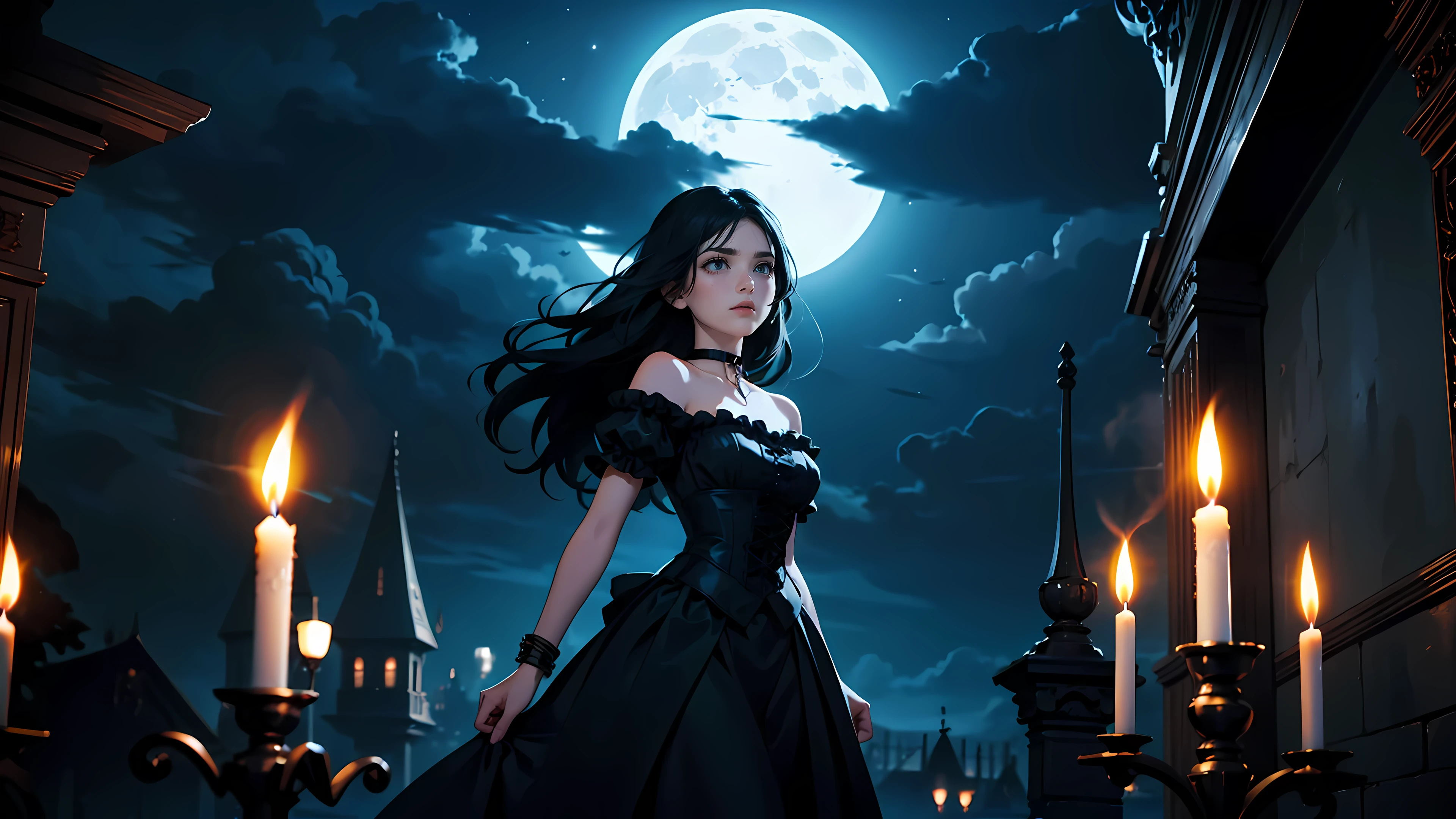 ((1girl)), long black hair, choker collar, bracelets, Victorian style long black dress, standing, dramatic pose, cowboy shot, gothic mansion, night, nighttime, one moon, moonlight, candles, candlelight, dramatic lighting, cinematic lighting, 