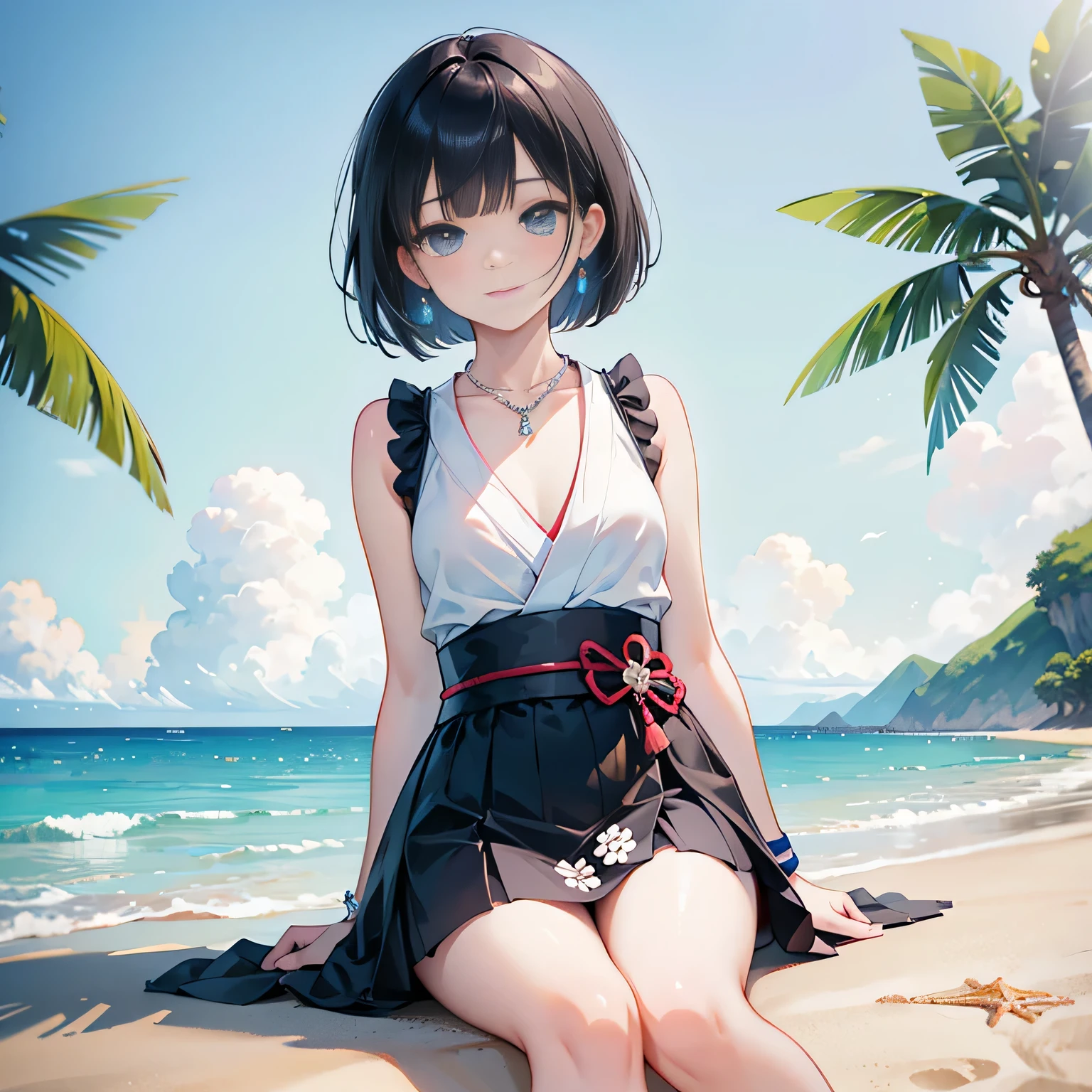 low angle,from below, ((masterpiece, highest resolution,best quality)), (illustration), ((1girl,cute,japanese,young,short beautiful black hair,bob cut,beautiful blue eyes)),(solo),(flower printed elegant one piece swimsuit,flair mini skirt),(flat sitting on the sand),
innocent smile, white over-kneehighs,Lace chalker, wristband, fingerless gloves, over-kneehighs,
Lace chalker, diamond necklace,wristband, fingerless gloves, earrings, windy,cinematic lighting, beach, sand, blue sky, waves, coconut tree,