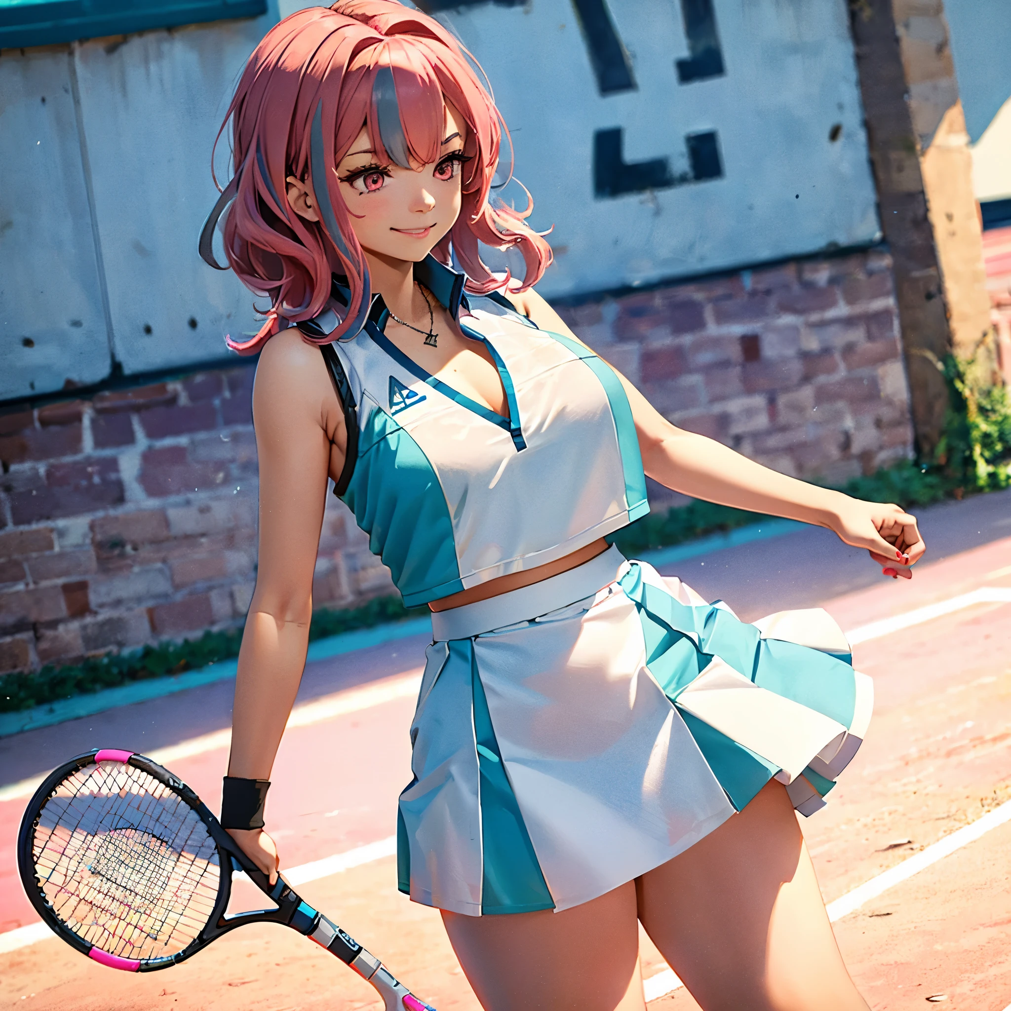 A woman in a tennis uniform, short white shirt, short white skirt with blue details, sports shoes, on an open tennis court, pink hair with gray details, hair at waist level, pink eyes, smiling, big breasts, during the day, ultra resolution, masterpiece, perfect quality, very detailed, 4k hd
