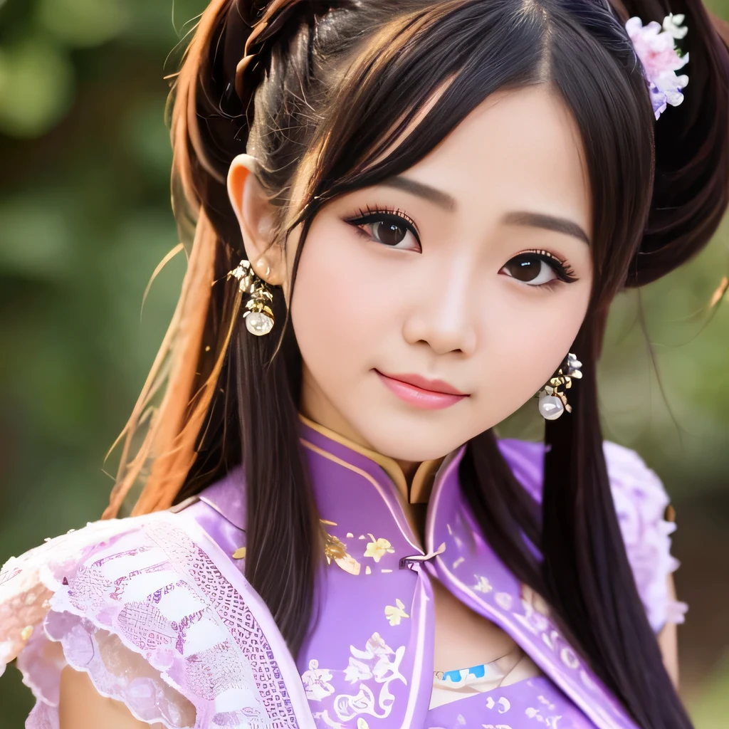 Realistic photo of cute woman, uneven twin tails, light makeup, medium chest size, smile a little, wear a cheongsam, full body shot, Clear facial features with sharp, realistic details, Sony FE, 35mm, cinematic lighting, advanced details, UHD, high quality, HD, 8K, 16k
