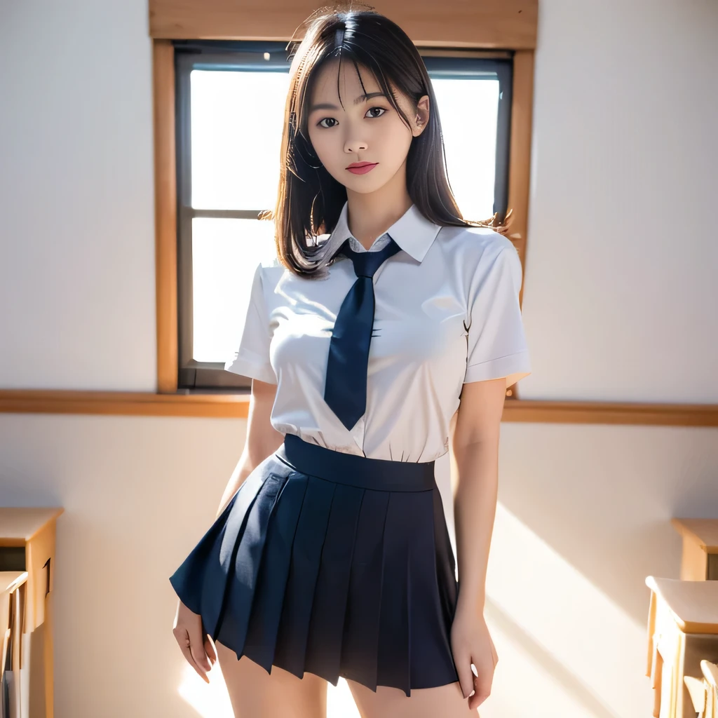 25 year old female, mature woman, ((In the classroom)), ((school uniform)), Raw photo, (photorealistic: 1.37, realistic), Highly detailed unified CG 8K wallpaper, 1 girl, (((perfect body: 1.1)), (medium breasts: 1.2), looking at the viewer, (((straight from the front)))), (headquarters skin:1.2, shiny skin), 8k uh, Digital single-lens reflex camera, soft lighting, high quality, film grain, Fujifilm XT3, ((full body:  0.8)), (professional lighting:1.4) ,
