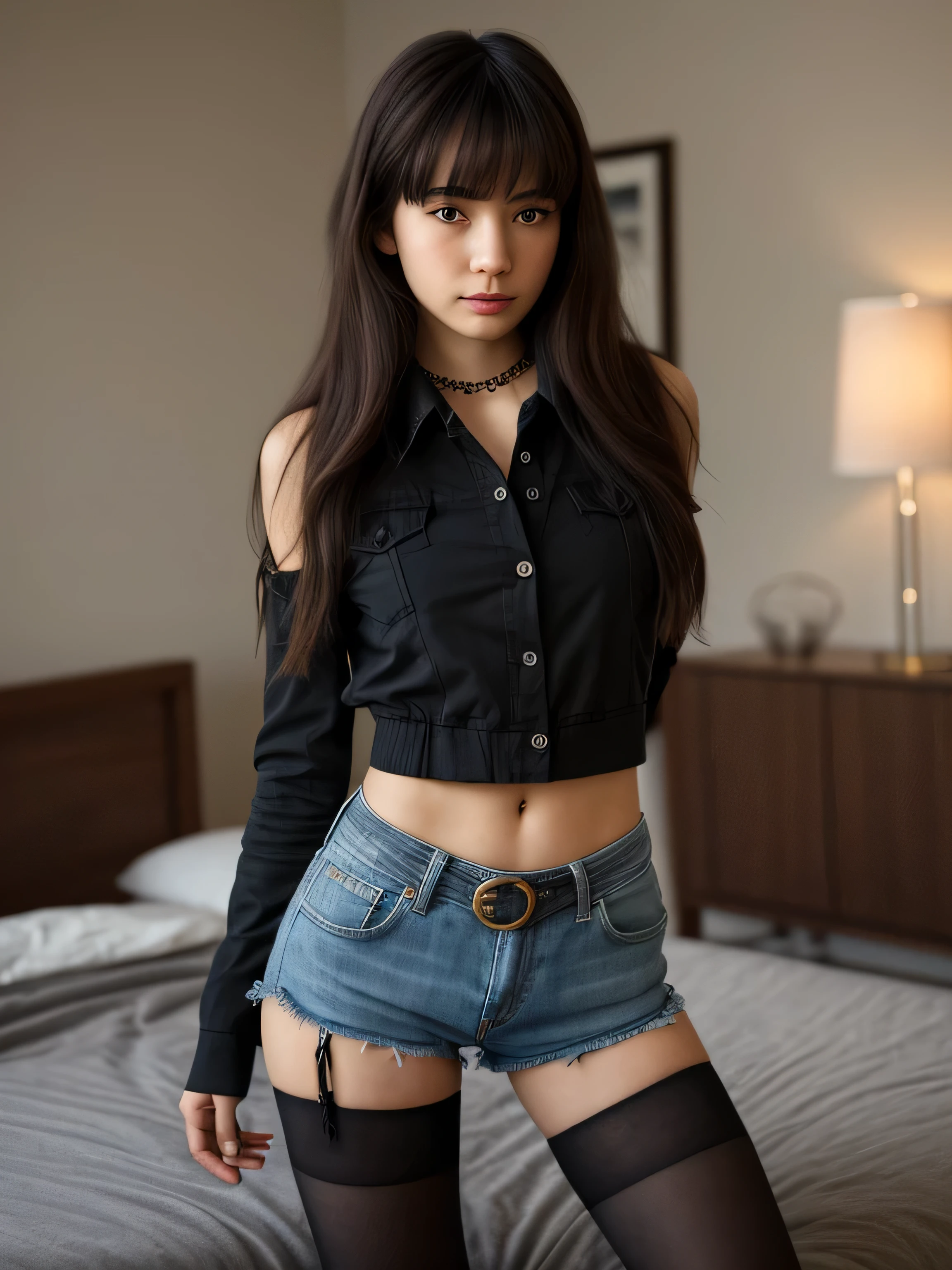 (masterpiece:1.3),best quality,high resolution,unity 8k wallpaper,(illustration:1),perfect lighting,photo_\(medium\),photorealistic,realistic,finely detail,extremely detailed,soft lighting and shadow,soft yet striking lighting,film grain:1.2, 1girl, thighhighs, solo, long hair, shorts, lying on the bed, black thighhighs, indoors, necklace, looking at viewer, black hair, jacket, belt, jewelry, black jacket, shirt, denim, midriff, shoulder cutout, black shorts, short shorts, black shirt, bangs