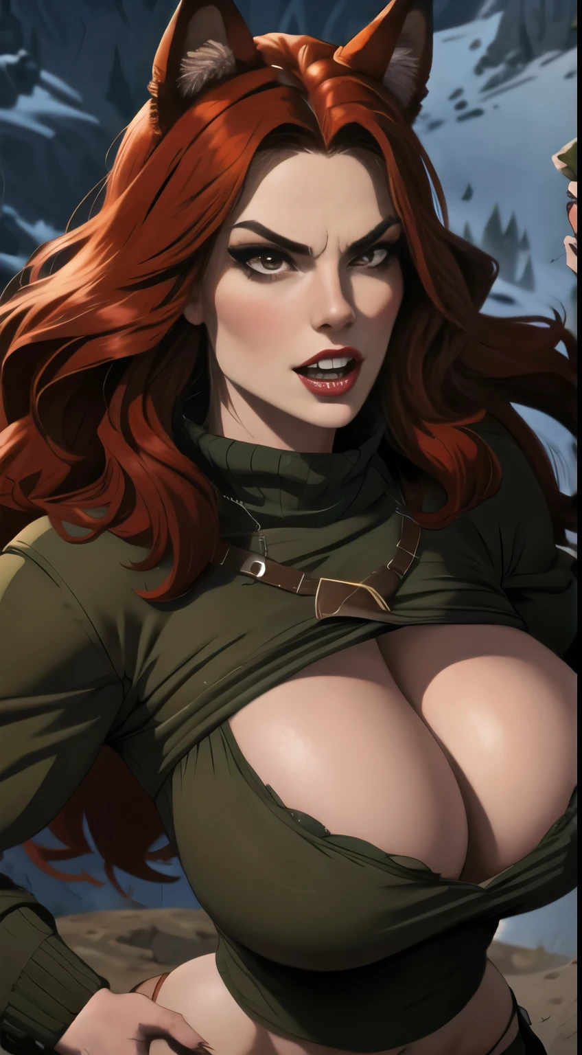 1 wolf woman, long red hair, wolf ears, dark brown eyes, thin lips, round face, huge covered breasts, wide hips, wearing bearskin clothing, fierce look, sharp claws ready to attack, teeth showing, SFW

