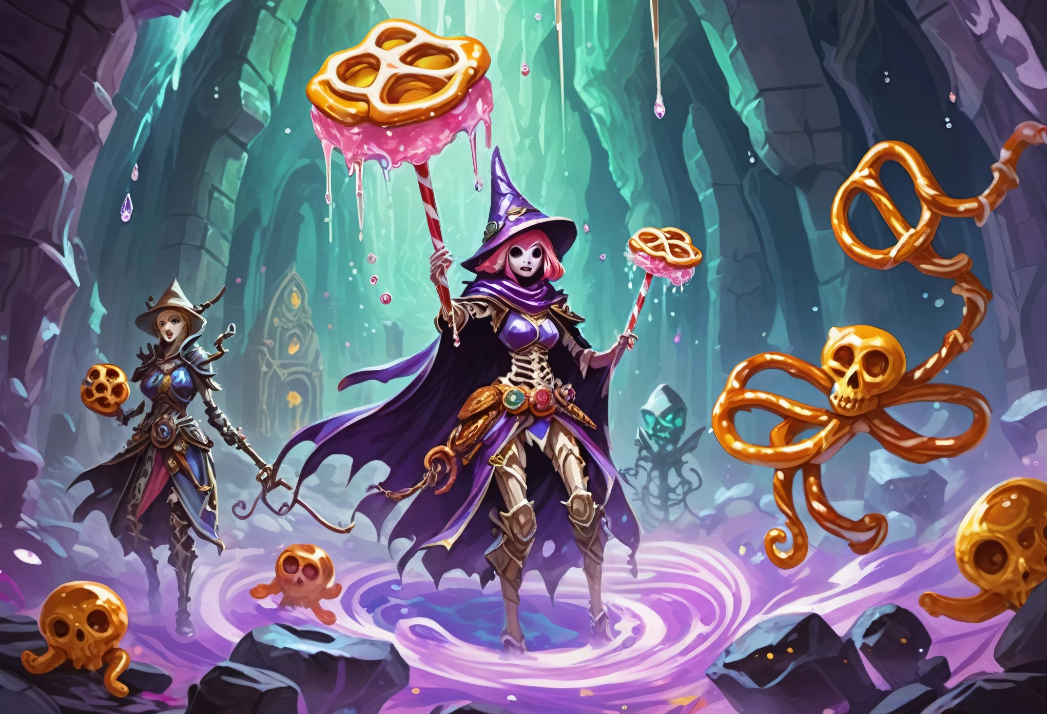 female Gummy adventurers travel through a rock candy dungeon and encounter a dreaded skeletal mage made of pretzels, high fantasy, food dreaming