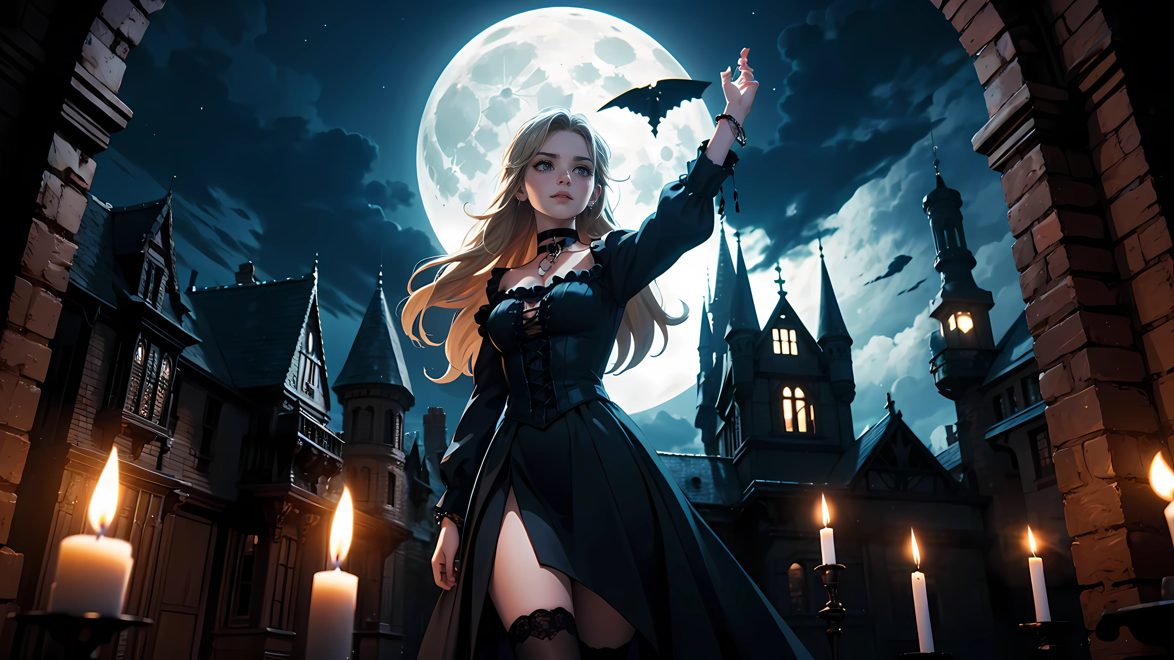 ((1girl)), long blonde hair, choker collar, bracelets, Victorian style long black dress, standing, dramatic pose, cowboy shot, gothic mansion, night, nighttime, one moon, moonlight, candles, candlelight, dramatic lighting, cinematic lighting,