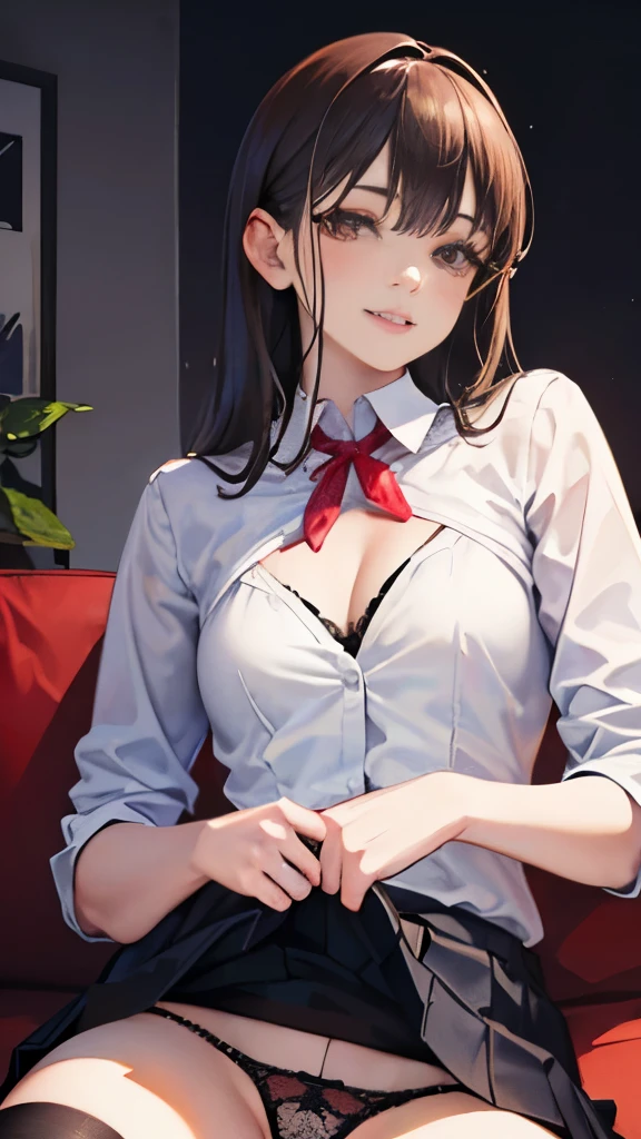 (Raw photo, realistic:1.4), highest quality, masterpiece, , Father, 1 girl, Small brass,cleavage, brown hair, brown eyes, smile, lips,skirt lift, black legwear, panties, 8K, Cenimatic lighting,