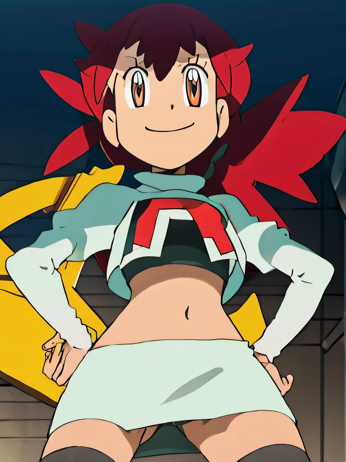 8k, masterpiece,highres, team rocket uniform, red letter r, white skirt,white crop top,black thigh-high boots, black elbow gloves, smiling, looking down at viewer, hands on hips, cowboy shot, zettai ryouiki,from below, black panties,anime style, vivid colors, sharp focus, intense lighting,mairin_(pokemon)