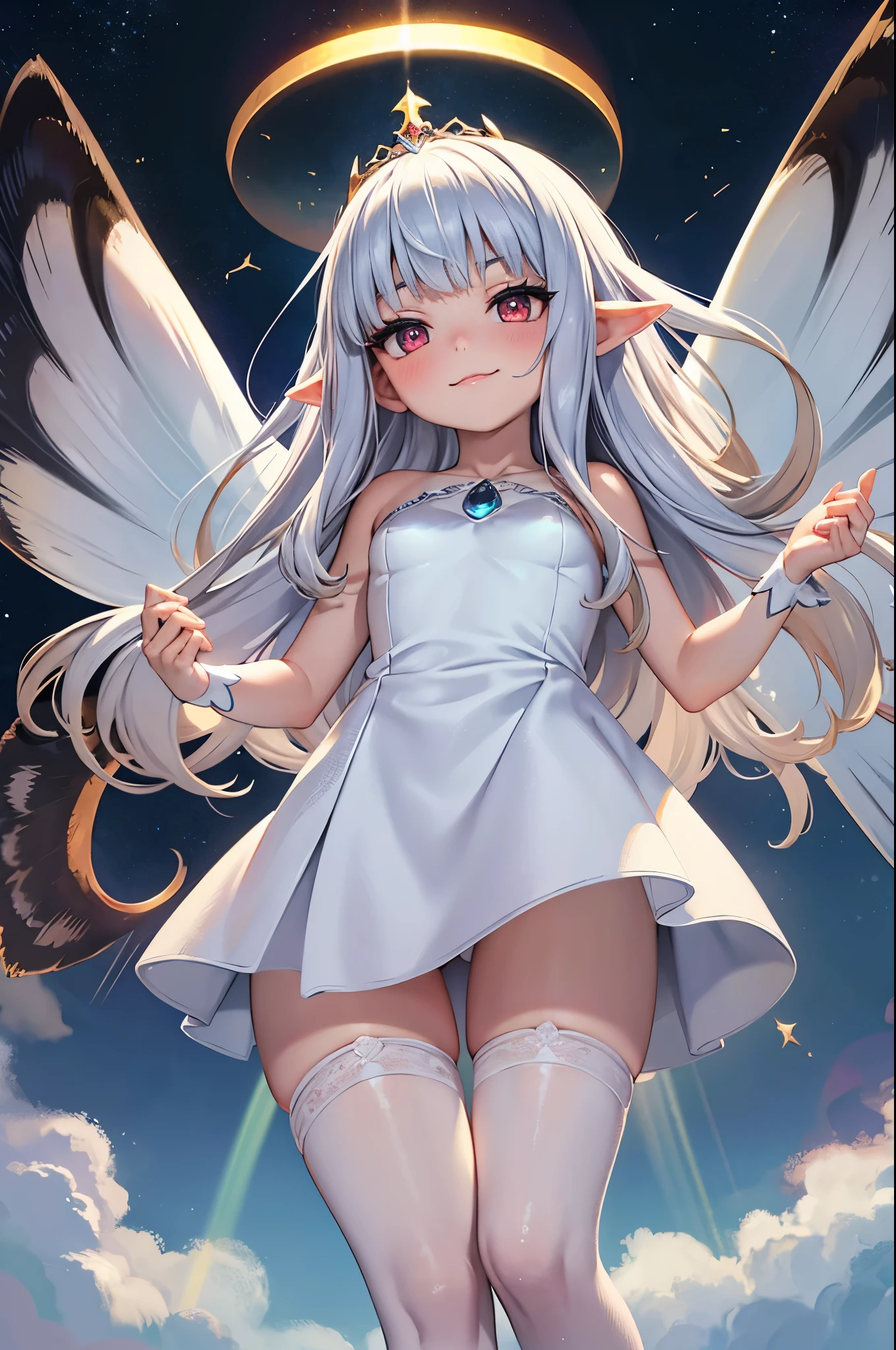 reincarnation of a smug fairy girl princess goddess, thin, confident, arrogant, (evil:1), draining the universe, halo, empowered by divine energy, surrounded by thin spiraling rays of pure magic, magical fairy wings, holding divine celestial staff of power, stockings red eye, luxurious tiara, makeup, blush, eye shadow, perfect silver hair, looking at viewer, from below, solo,