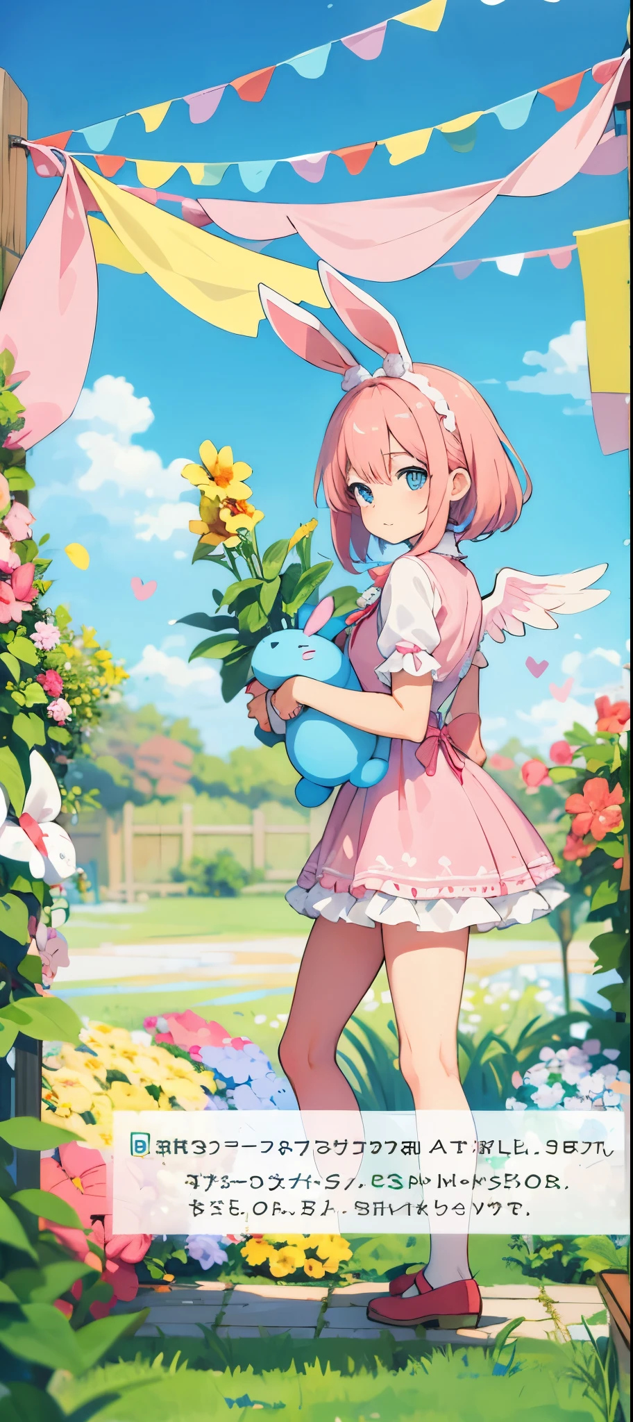 1 girl pink hair blue eyes Pink dress holding a stuffed animal wings on the back bunny ears on the head in a garden with 4 easter bunnies