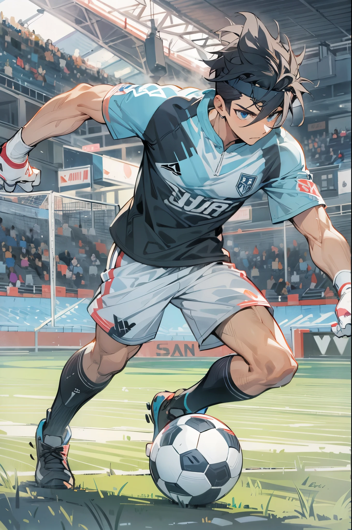 1male , Black Headband , Undercut Hair , Wavy Hair , Messy Hair , Black Hair , Pale Blue Eyes , Lean Muscular Build, Soccer Gloves, Soccer Jersey, Soccer Shorts, Soccer Field