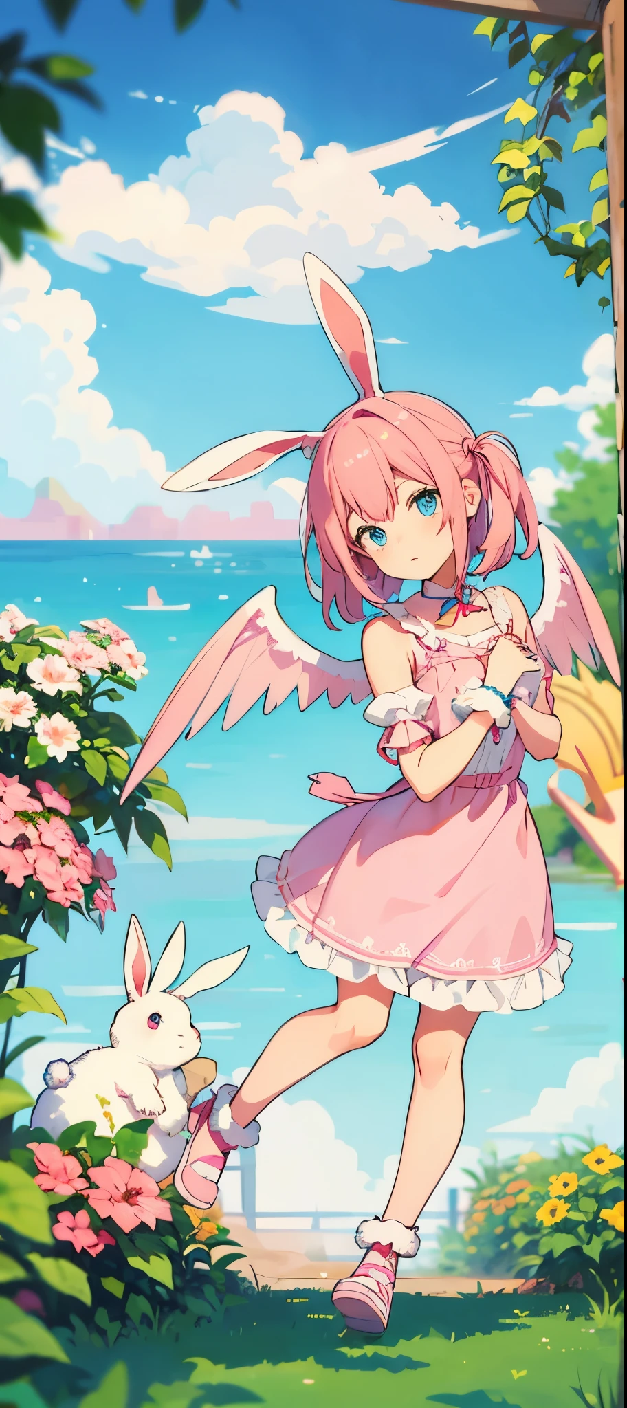 1 girl pink hair blue eyes Pink dress holding a stuffed animal  wings on the back  ears on the head in a garden with 4 easter bunnies 
