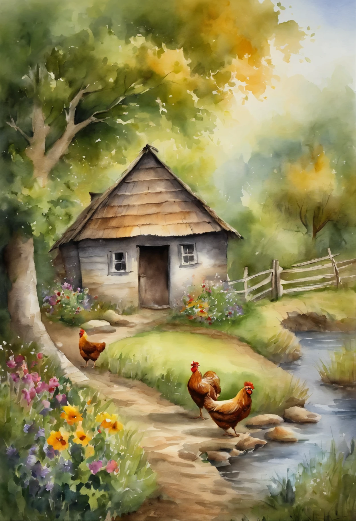 watercolor painting, There is a hut under the big tree, beside of the stream, children play with chickens in front of the hut, flowers and fence,