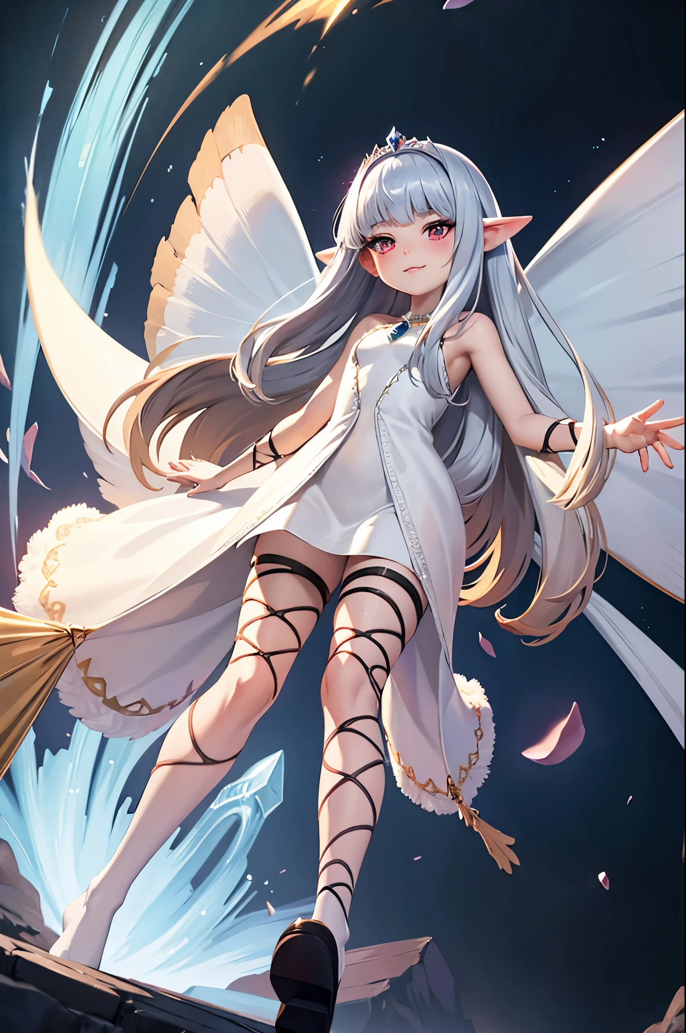 reincarnation of a smug fairy girl princess goddess, thin, confident, arrogant, (evil:1), draining the universe, halo, empowered by divine energy, surrounded by thin spiraling rays of pure magic, magical fairy wings, holding divine celestial staff of power, stockings red eye, luxurious tiara, makeup, blush, eye shadow, perfect silver hair, looking at viewer, from below, solo,