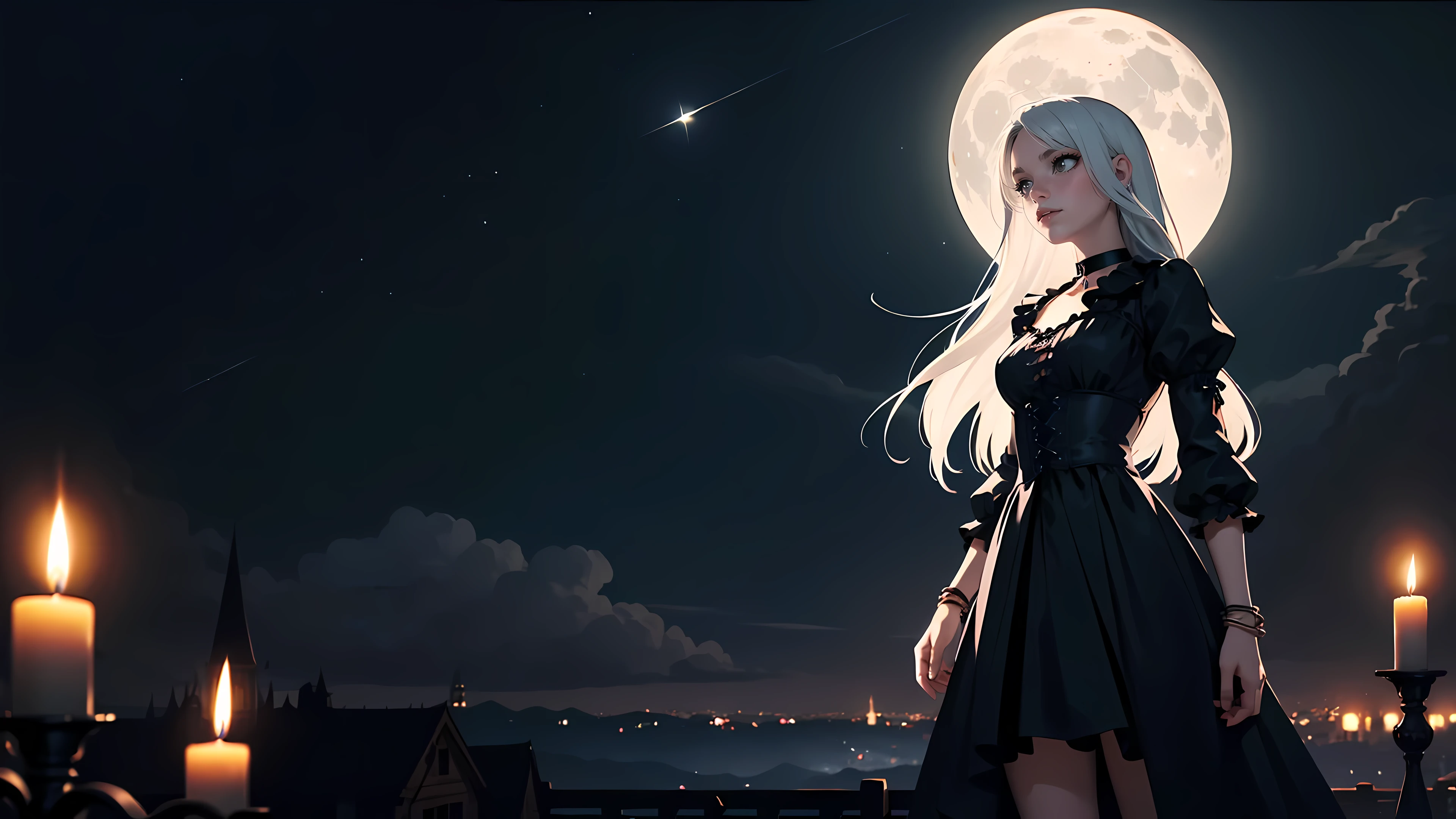 ((1girl)), long white hair, choker collar, bracelets, Victorian style long black dress, standing, dramatic pose, cowboy shot, gothic mansion, night, nighttime, one moon, moonlight, candles, candlelight, dramatic lighting, cinematic lighting, 