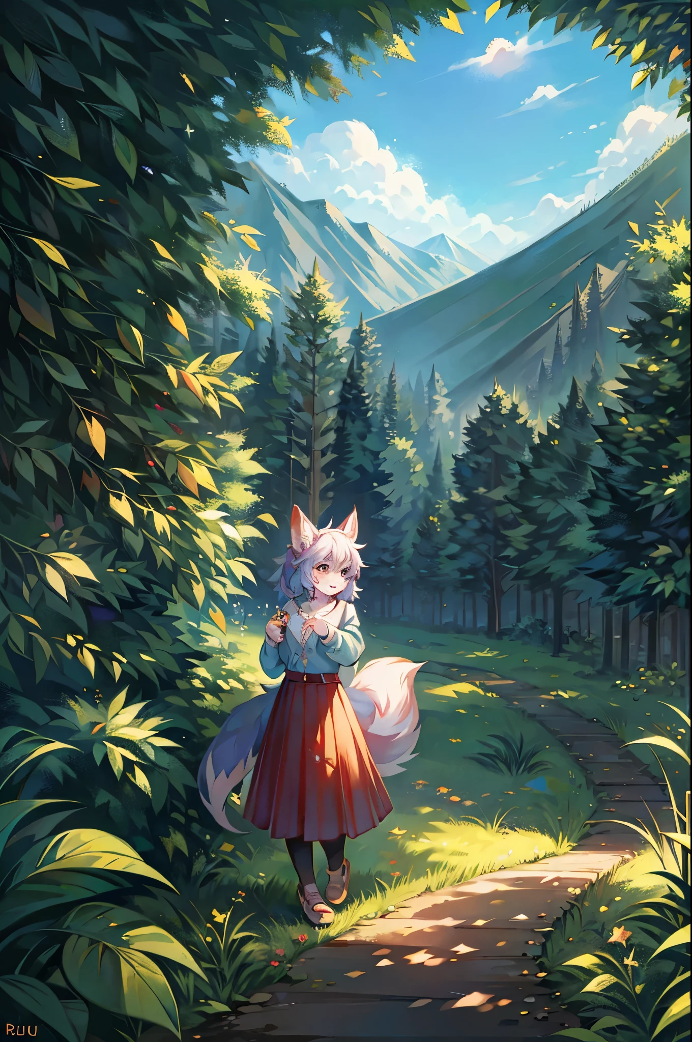 anime key visual, highres, High-quality illustrations, unparalleled masterpiece(movie of life)nature inspired imagery, romanticized views, lively illustrations, whimsical cartoonish, farm, Blue sky, clouds, florals Beautiful garden(furry anthro, solo, girl, casual fashion, Relux pose, Smile)absurdres, perfect anatomy, caustics, cinematic lighting, lens flare, deep shadow, dynamic angle,