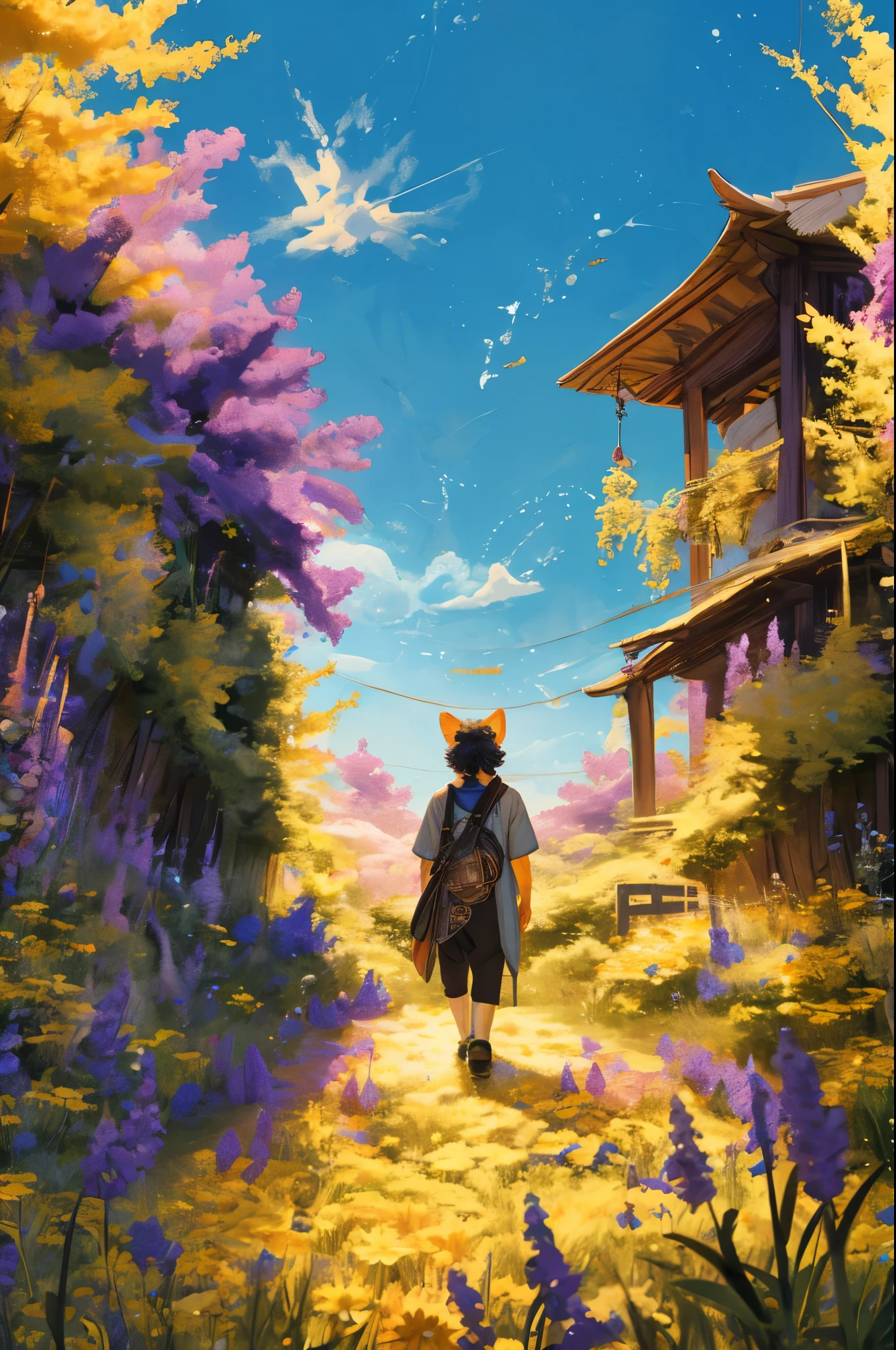anime key visual, highres, High-quality illustrations, unparalleled masterpiece(movie of life)nature inspired imagery, romanticized views, lively illustrations, whimsical cartoonish, farm, Blue sky, clouds, florals Beautiful garden(furry anthro, solo, girl, casual fashion, Relux pose, Smile)absurdres, perfect anatomy, caustics, cinematic lighting, lens flare, deep shadow, dynamic angle,