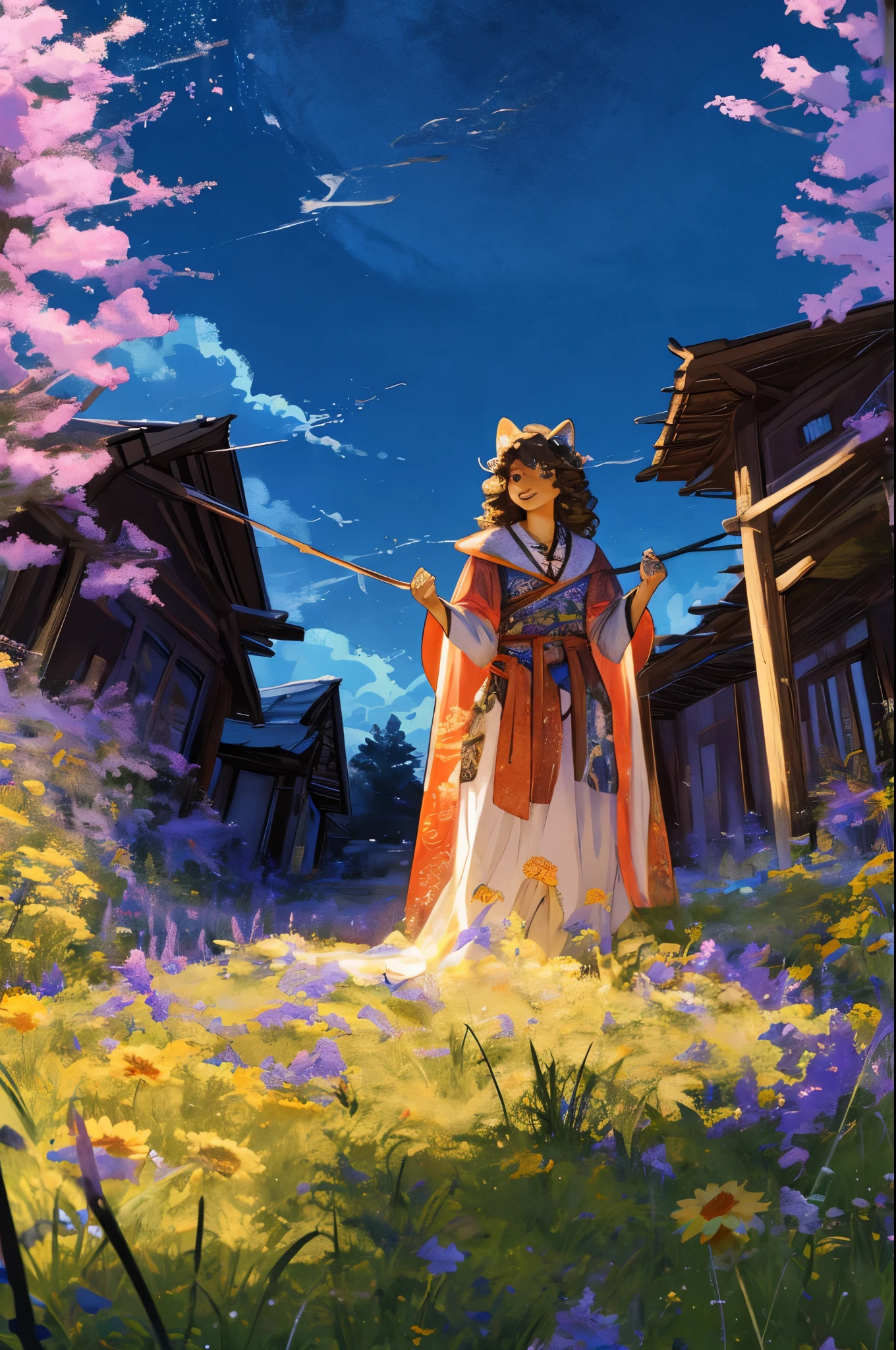 anime key visual, highres, High-quality illustrations, unparalleled masterpiece(movie of life)nature inspired imagery, romanticized views, lively illustrations, whimsical cartoonish, farm, Blue sky, clouds, florals Beautiful garden(furry anthro, solo, girl, casual fashion, Relux pose, Smile)absurdres, perfect anatomy, caustics, cinematic lighting, lens flare, deep shadow, dynamic angle,