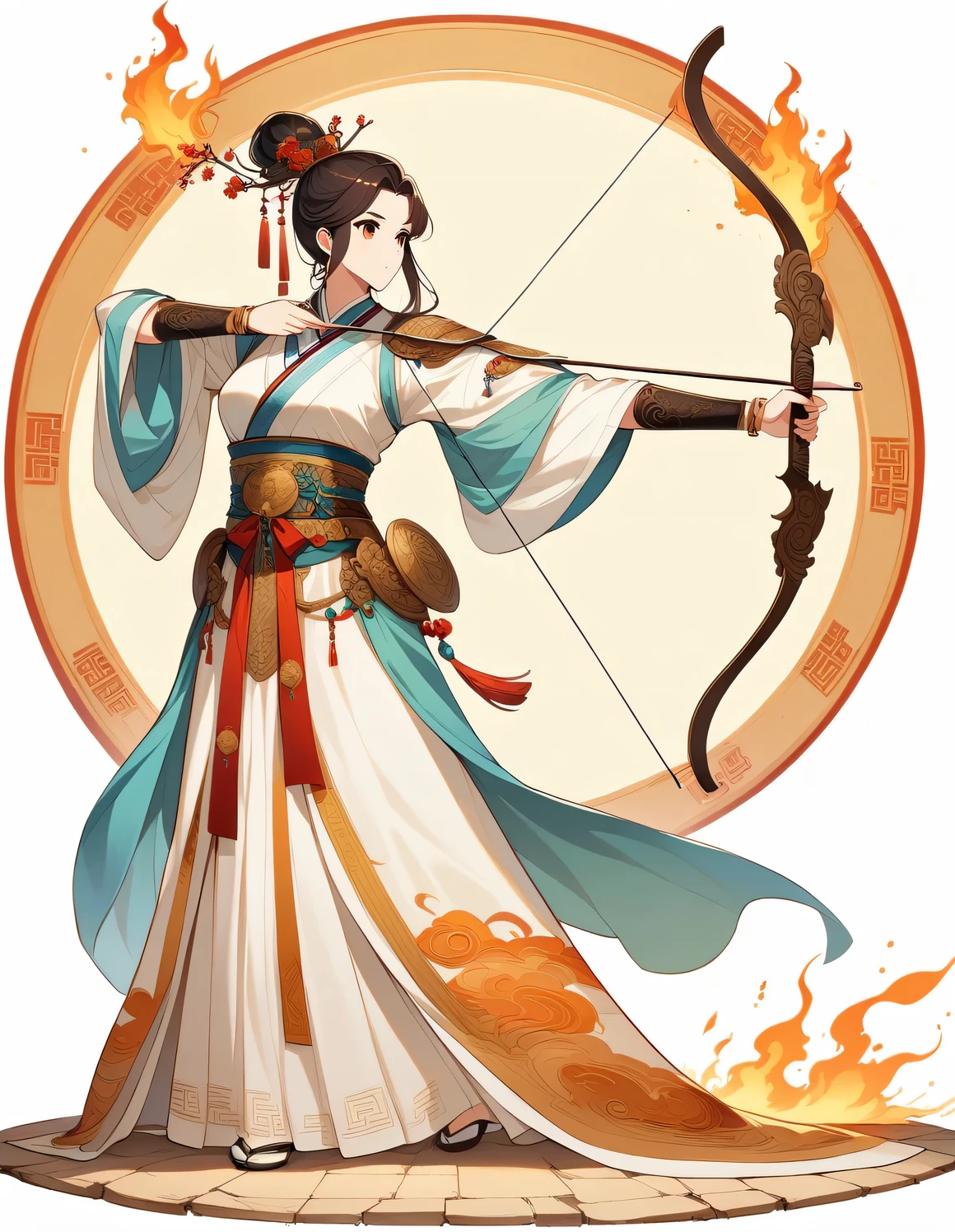 Illustrate in anime style, a spiritual and elegant female archer, dressed in ancient attire adorned with traditional Chinese decorative elements. She stands in full body view, accurately depicted, bending a bow and aiming an arrow upwards. The ground around her is dry and ablaze, providing an accurate portrayal of the complete bow and arrow and the shooting action, with correct human anatomy. The image should capture the essence of Chinese mythology and national style, closely matching the described scene.