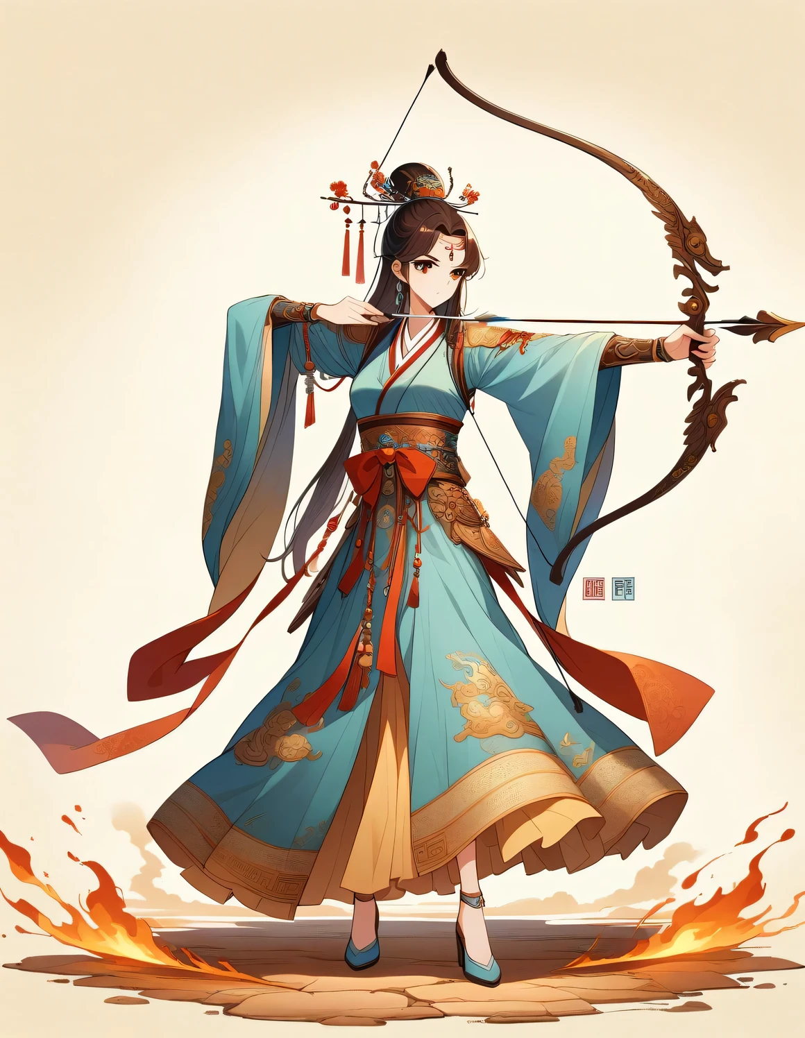 Illustrate in anime style, a spiritual and elegant female archer, dressed in ancient attire adorned with traditional Chinese decorative elements. She stands in full body view, accurately depicted, bending a bow and aiming an arrow upwards. The ground around her is dry and ablaze, providing an accurate portrayal of the complete bow and arrow and the shooting action, with correct human anatomy. The image should capture the essence of Chinese mythology and national style, closely matching the described scene.