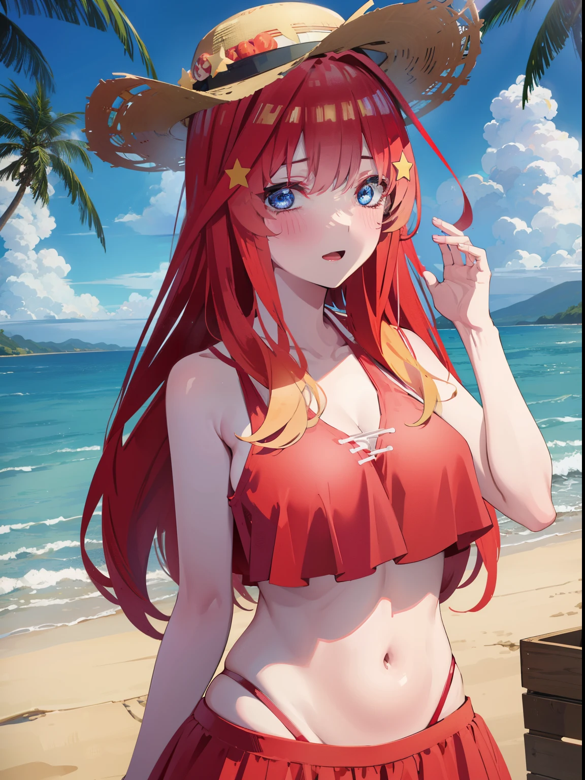 itsukinakano, itsuki nakano, bangs, blue eyes, hair between eyes, Ahoge, redhead, star \(symbol\), hair ornaments, star hair ornamentsにっこり, smile, open your mouth,big straw hat,red bikini,bare belly, (beach salon), big breasts,((salon)), beach outfit,real summer,Palm tree,
break outdoors, beach,
break looking at viewer, (cowboy shot:1.5),
break (masterpiece:1.2), highest quality, High resolution, unity 8k wallpaper, (shape:0.8), (fine and beautiful eyes:1.6), highly detailed face, perfect lighting, Very detailed CG, (perfect hands, perfect anatomy),