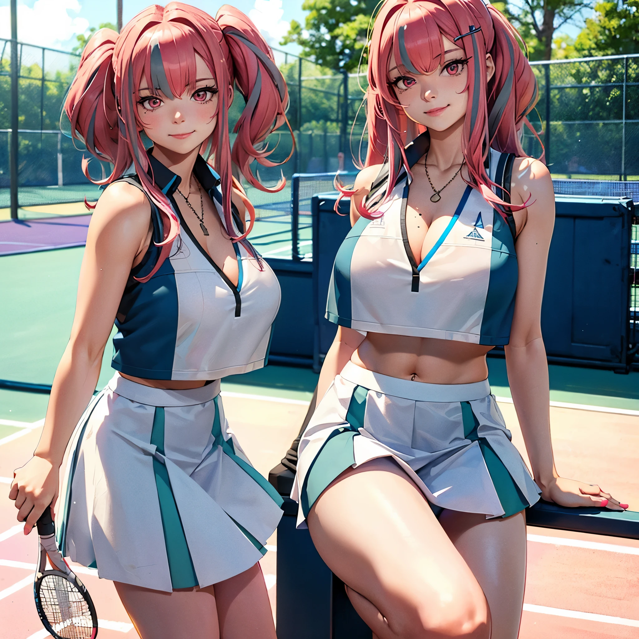 A woman in a tennis uniform, short white shirt, short white skirt with blue details, sports shoes, on an open tennis court, pink hair with gray details, hair at waist level, pink eyes, smiling, big breasts, during the day, ultra resolution, masterpiece, perfect quality, very detailed, 4k hd
