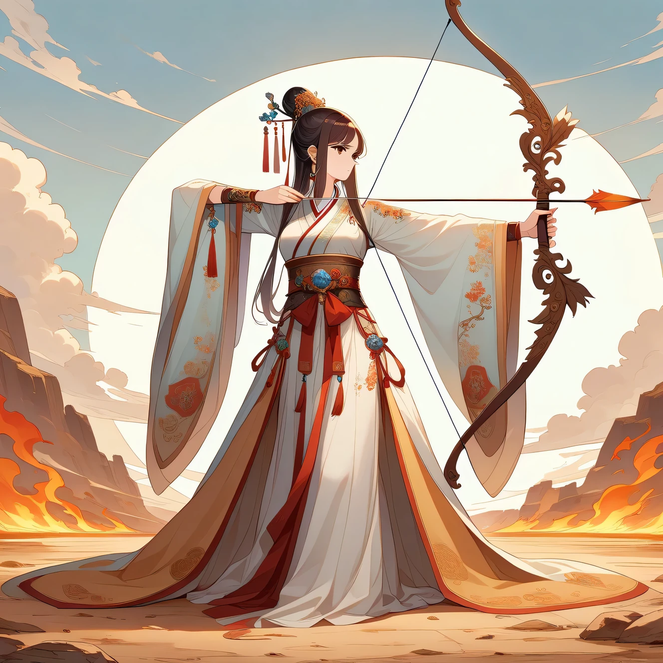 Illustrate in anime style, a spiritual and elegant female archer, dressed in ancient attire adorned with traditional Chinese decorative elements. She stands in full body view, accurately depicted, bending a bow and aiming an arrow upwards. The ground around her is dry and ablaze, providing an accurate portrayal of the complete bow and arrow and the shooting action, with correct human anatomy. The image should capture the essence of Chinese mythology and national style, closely matching the described scene.