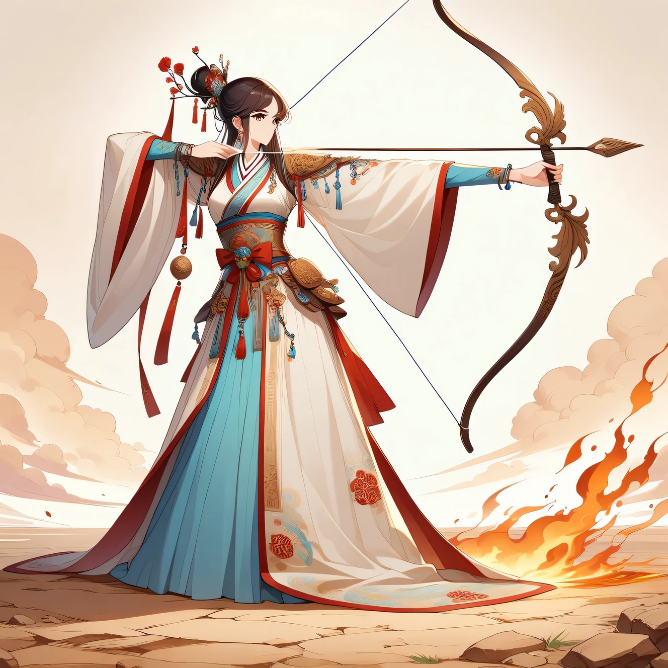 Illustrate in anime style, a spiritual and elegant female archer, dressed in ancient attire adorned with traditional Chinese decorative elements. She stands in full body view, accurately depicted, bending a bow and aiming an arrow upwards. The ground around her is dry and ablaze, providing an accurate portrayal of the complete bow and arrow and the shooting action, with correct human anatomy. The image should capture the essence of Chinese mythology and national style, closely matching the described scene.