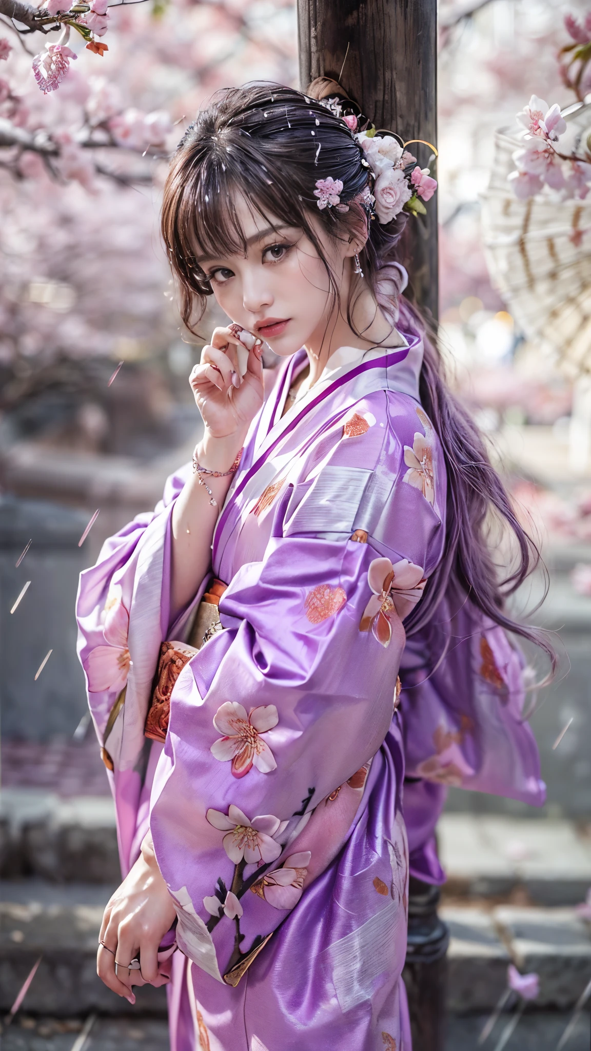 (RAW shooting, Photoreal:1.5, 8K, highest quality, masterpiece, ultra high resolution), ((((after the rain, Cherry blossom trees at night at the shrine))), Highly detailed skin and facial textures:1.3, perfect dynamic composition:1.2, (In front of a shrine at night in a modern city, expression of sadness:1.0, Tears are flowing:1.0, cry with a broken heart:1.0), slim office lady:1.3, cowboy shot, Fair skin:1.2, sexy beauty:1.1, perfect style:1.2, beautiful and aesthetic:1.1, very beautiful face:1.2, water droplets on the skin, (rain drips all over my body:1.2, wet body:1.2, wet hair:1.3), (Professional kimono dressing:1.1, Holding a bouquet of wet cherry blossoms:1.2, Wear a wet light purple kimono correctly:1.3), (Medium chest, Bra is sheer, Chest gap),  (Eyes that feel beautiful eros:0.8, Too erotic:0.8, Bewitching:0.8), necklace, earrings, bracelet, wedding ring, Highly detailed hand and finger expressions